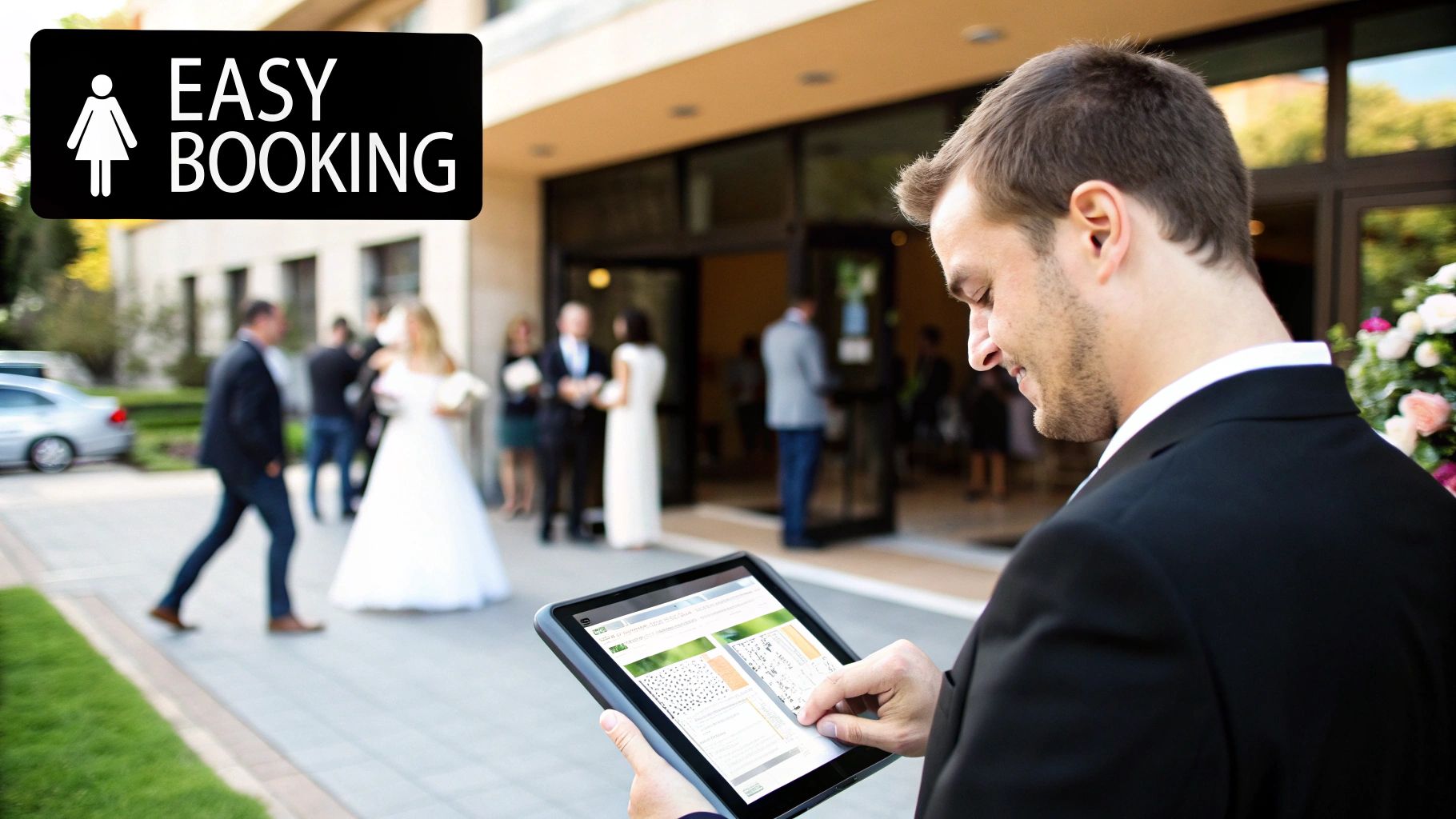 A couple looking at a wedding day timeline on a clipboard