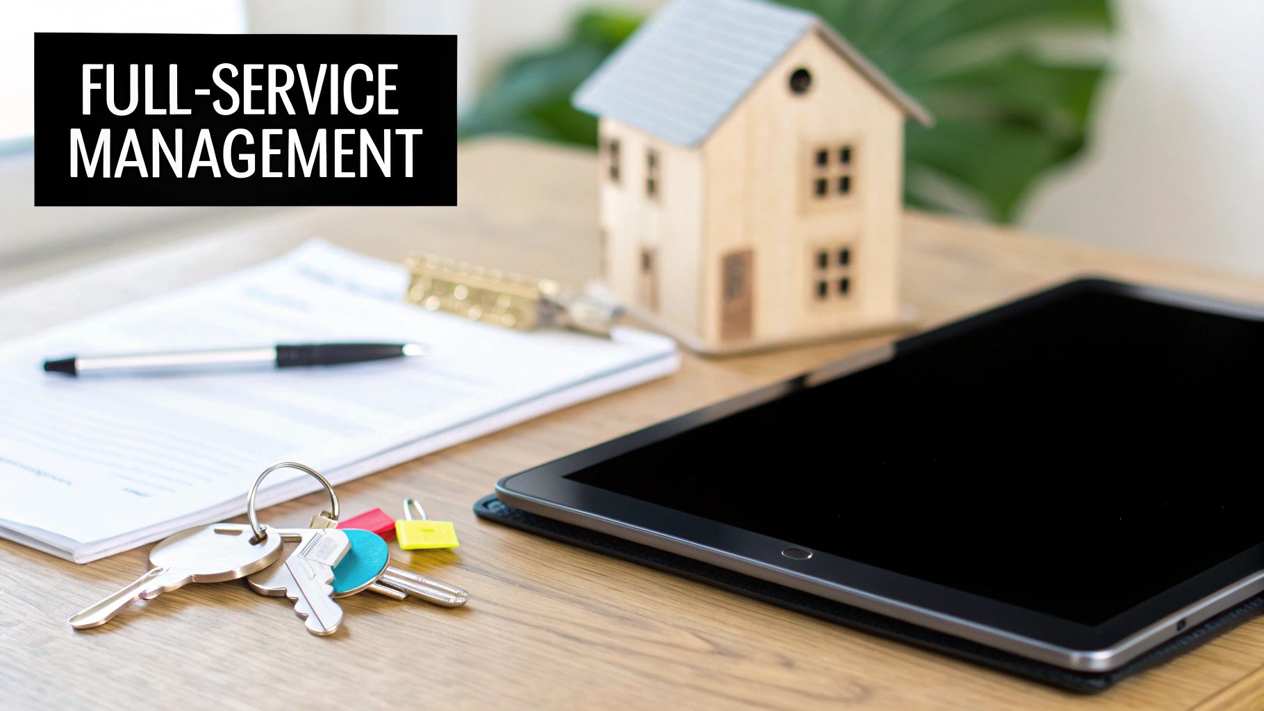 A desk with keys, documents, a house model, and a tablet, under 'FULL-SERVICE MANAGEMENT' text.