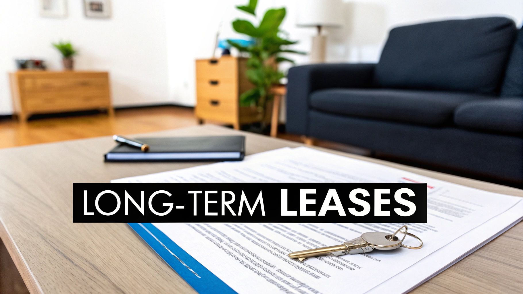 A living room scene with a coffee table displaying documents, a key, and a pen, featuring the text 'LONG-TERM LEASES'.
