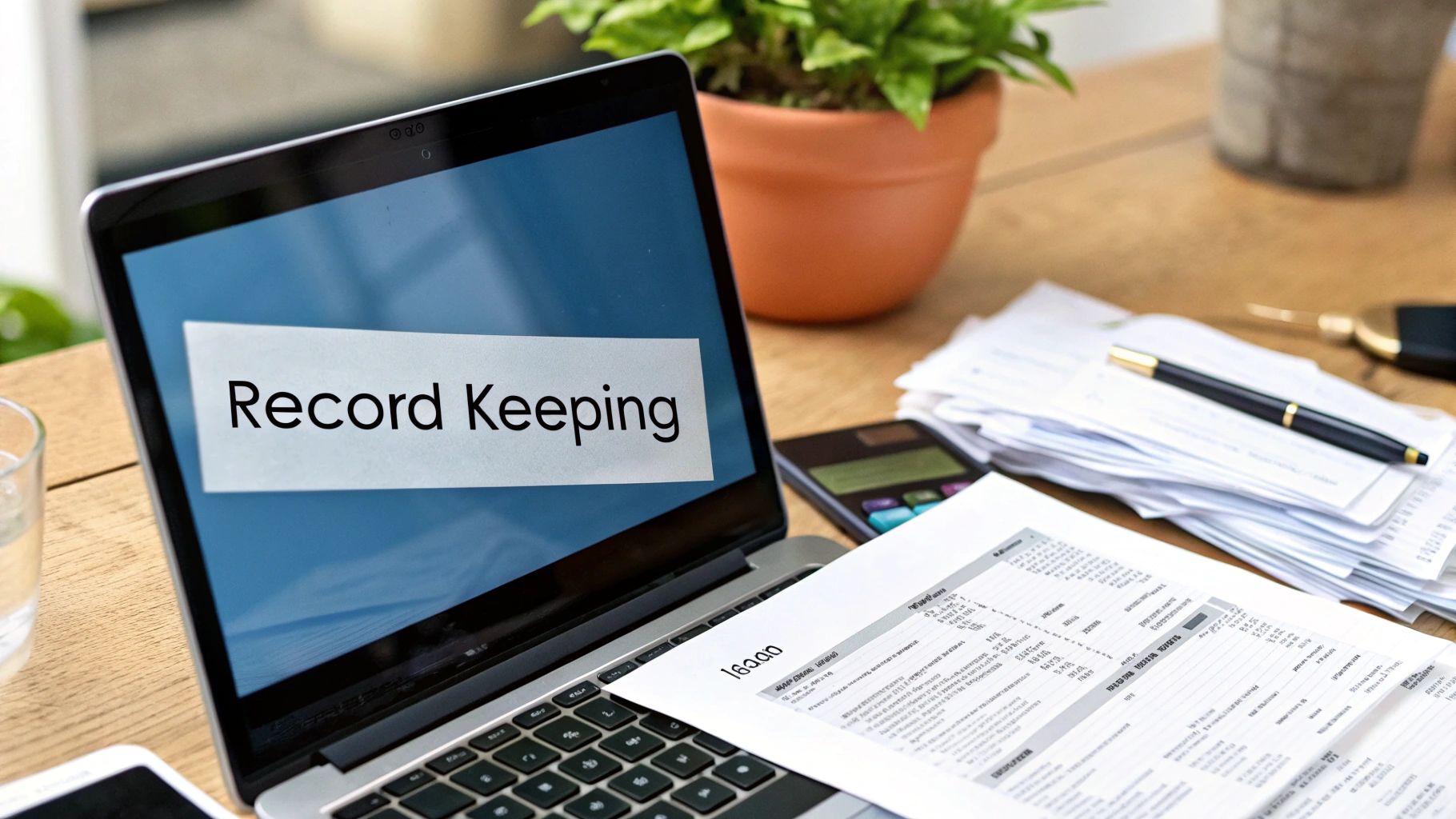 A desk with a laptop, calculator, and neatly organized documents, symbolizing effective record keeping for landlord tax write offs.