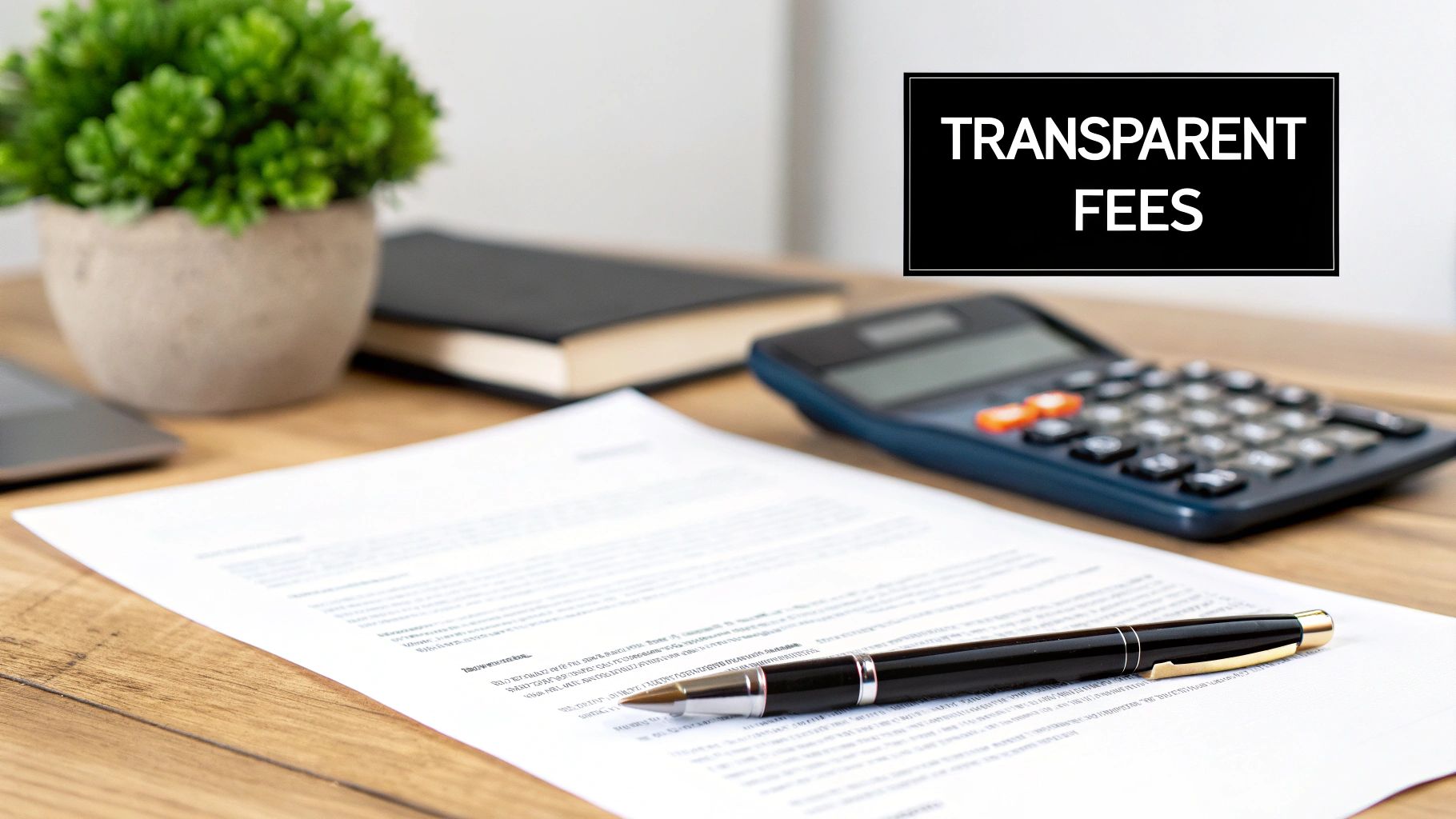 A calculator and pen on top of financial documents, symbolizing transparent and fair property management fees.