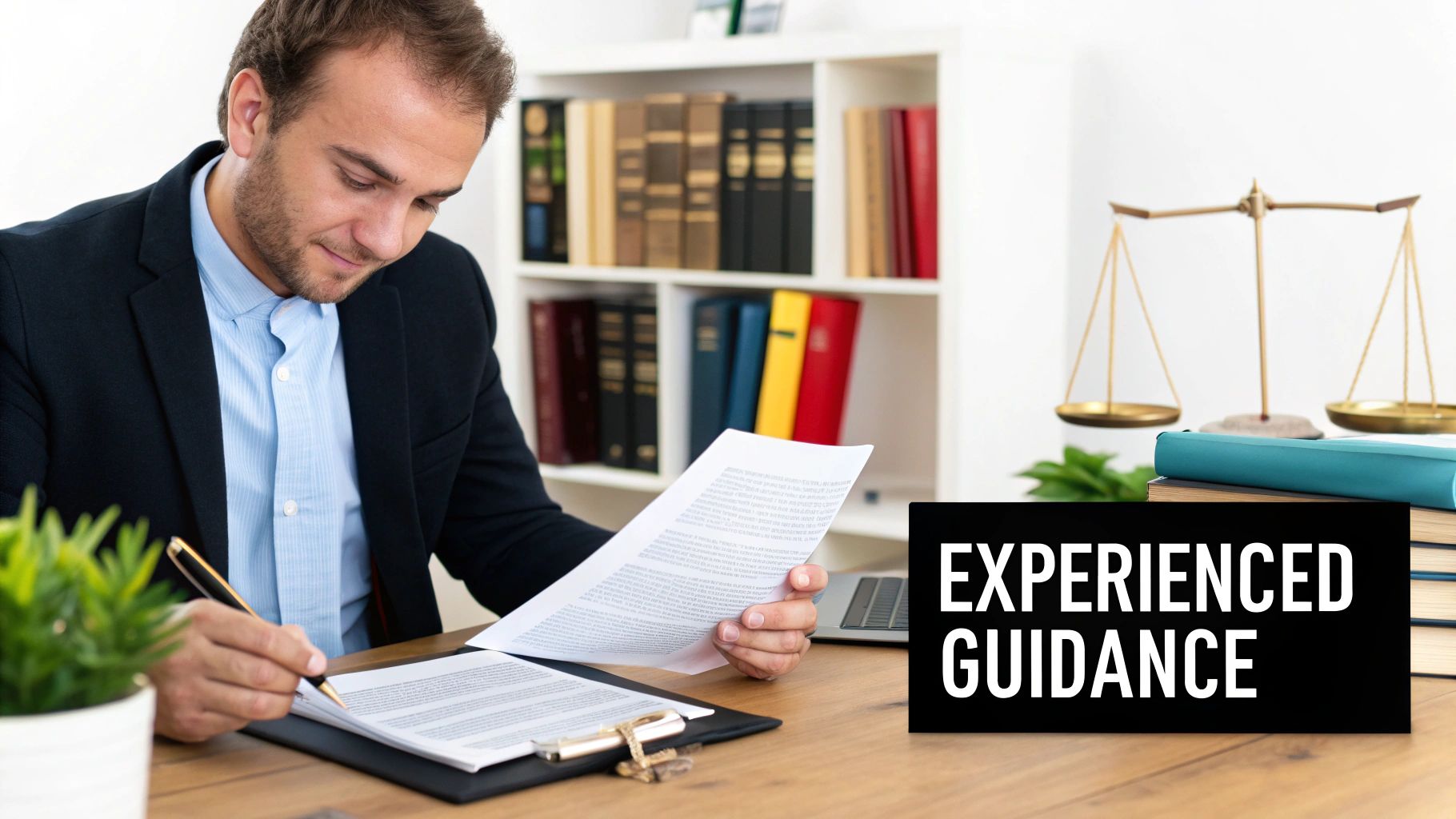 Landlord reviewing paperwork at a desk