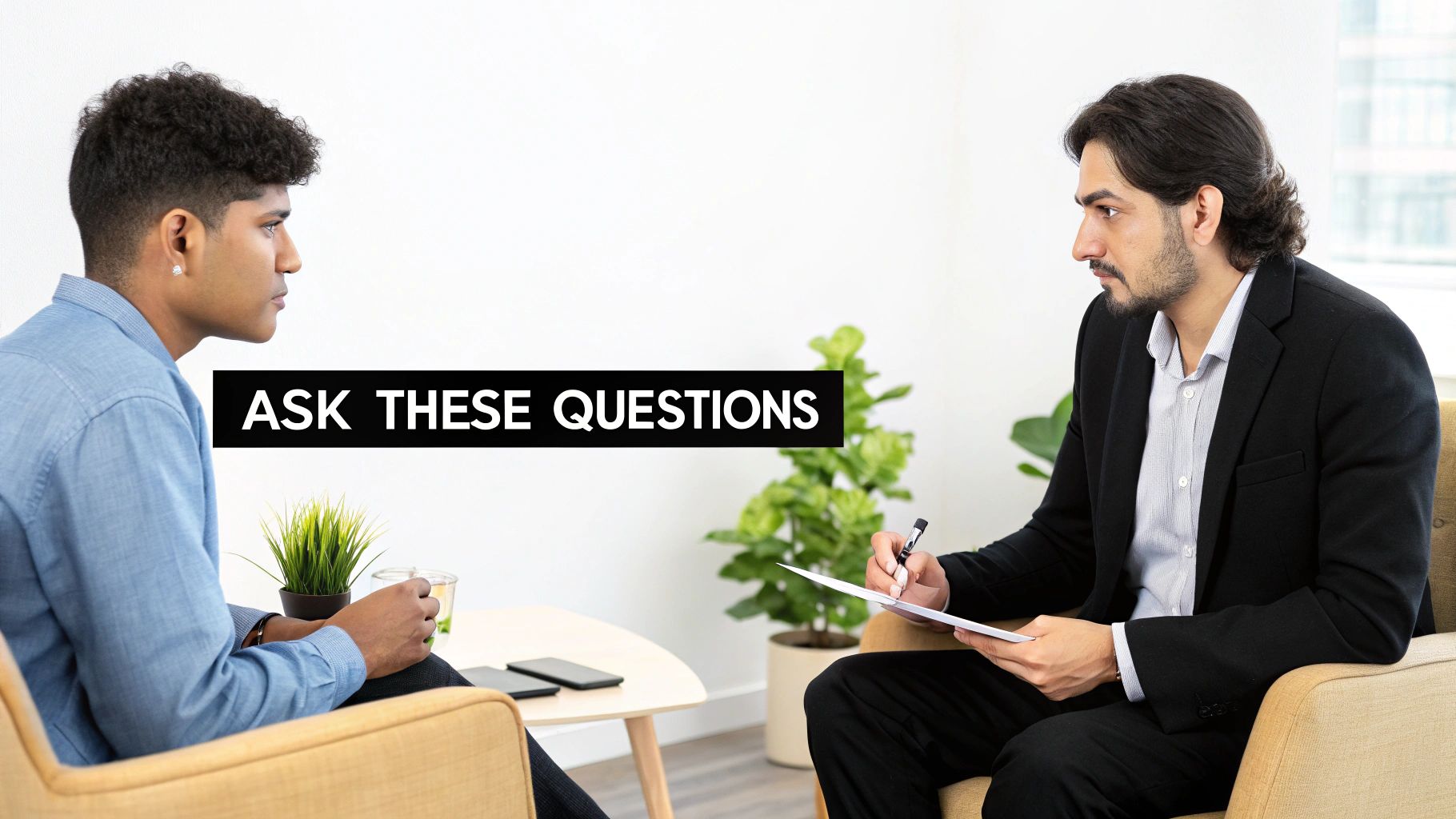 A person sitting at a desk during an interview, with papers and a laptop in front of them.