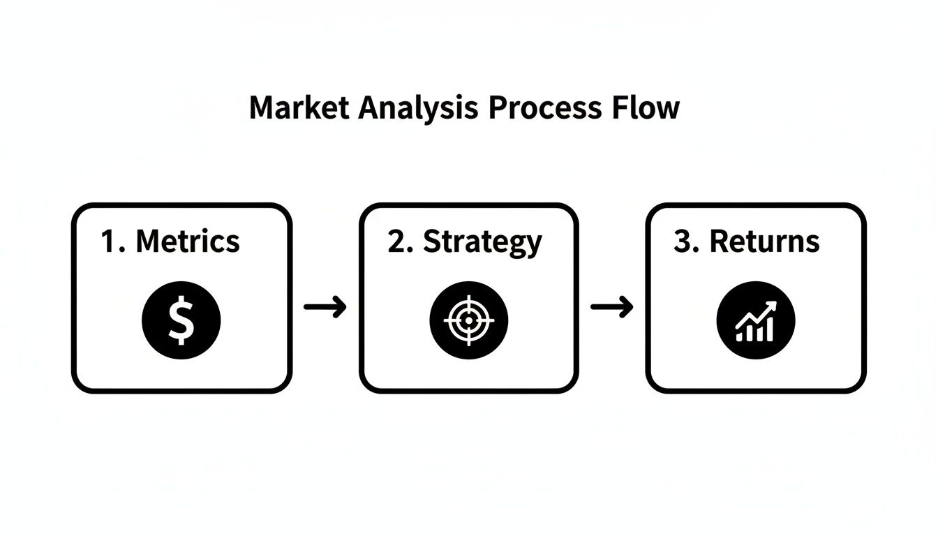 A market analysis process flow diagram showing steps: Metrics, Strategy, and Returns with icons.