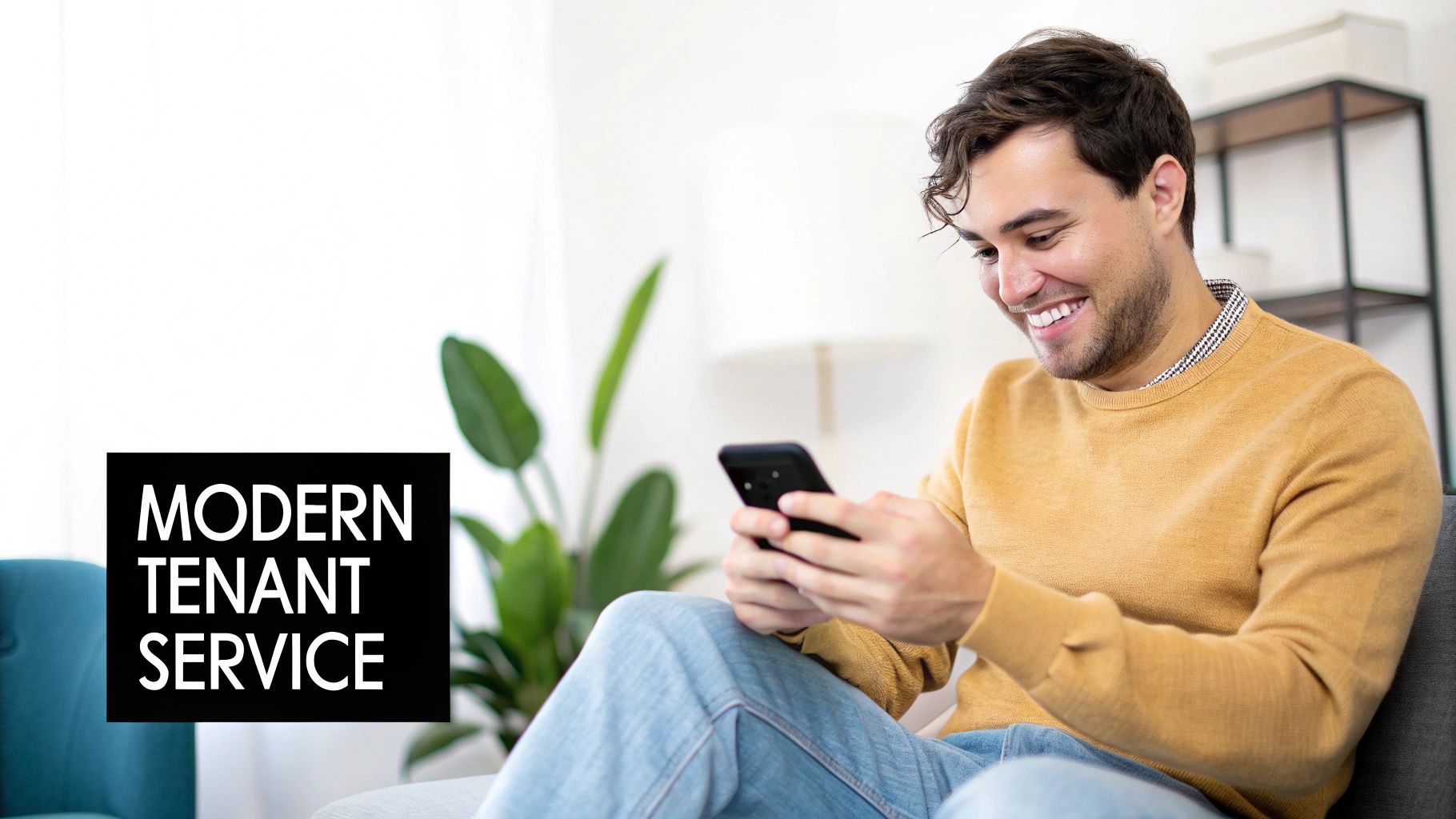 A happy tenant using a tablet to pay rent online in their modern apartment, highlighting the convenience offered by AIM Property Management.