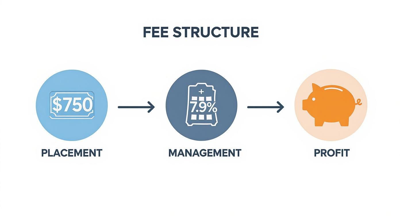 Property management fee structure diagram showing placement fee of $750, 79% management rate, and profit piggy bank