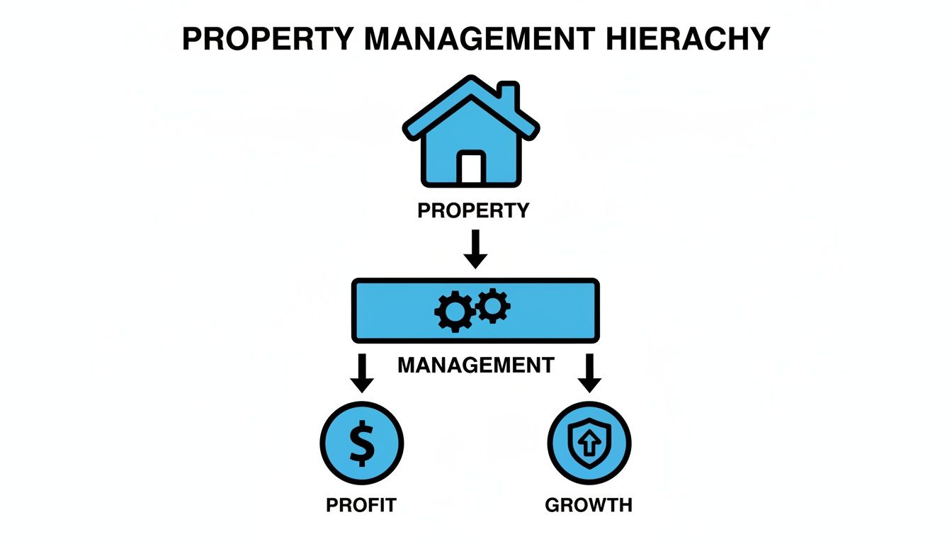 A flowchart illustrating the property management hierarchy: Property leads to Management, aiming for Profit and Growth.