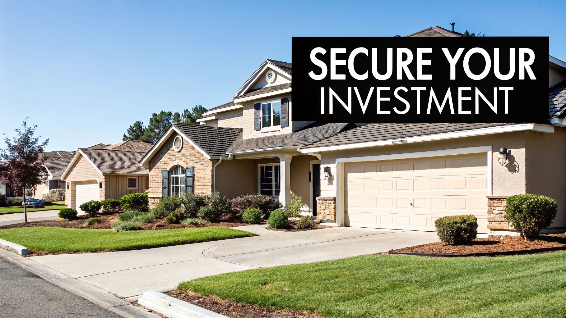 Suburban residential homes with secure your investment text overlay for property management services