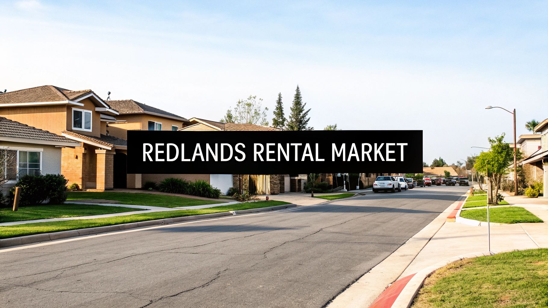 A residential street in Redlands, California, with houses and 'REDLANDS RENTAL MARKET' text.