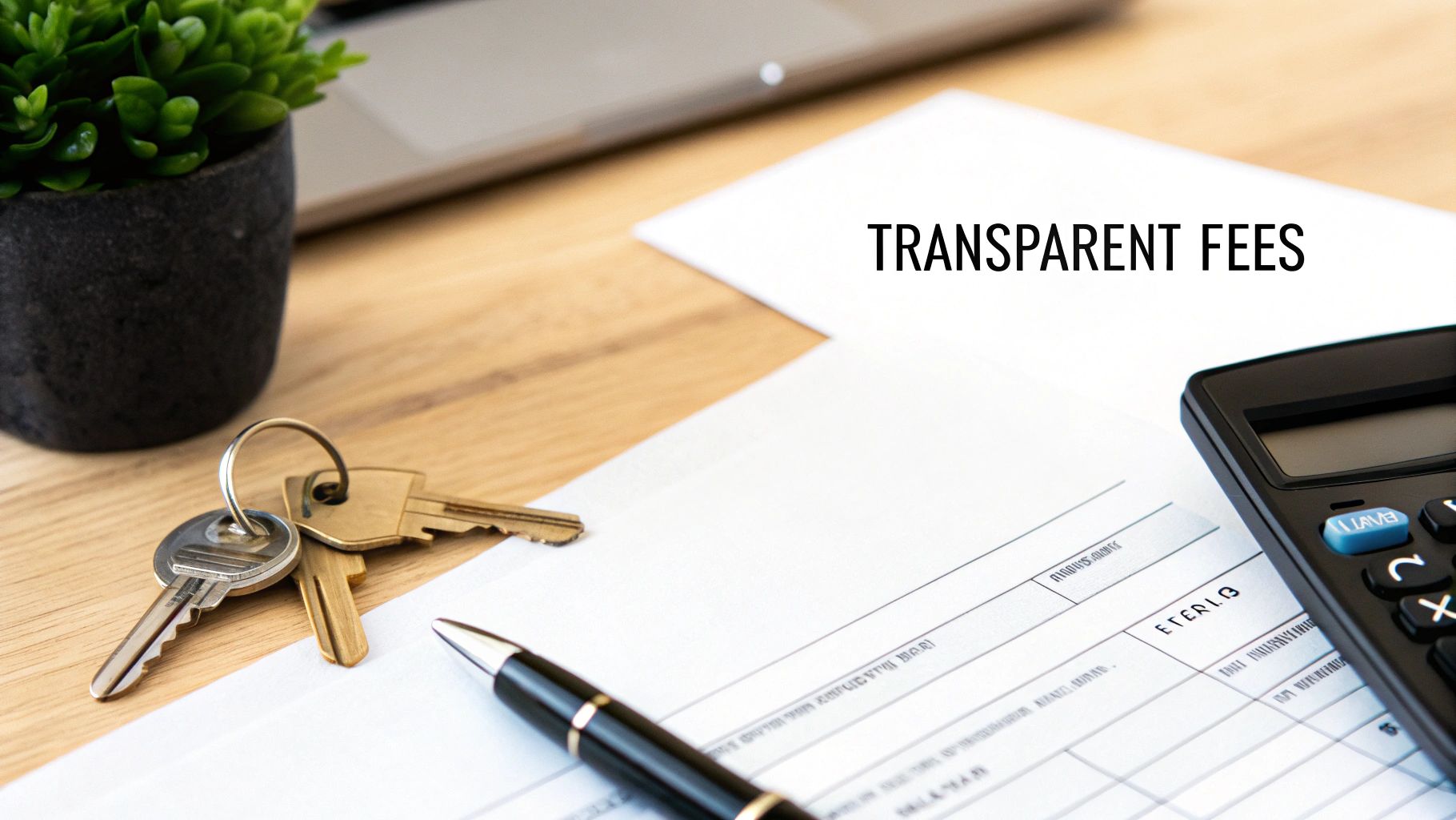A calculator and pen on a desk, representing the financial aspects of property management fees.