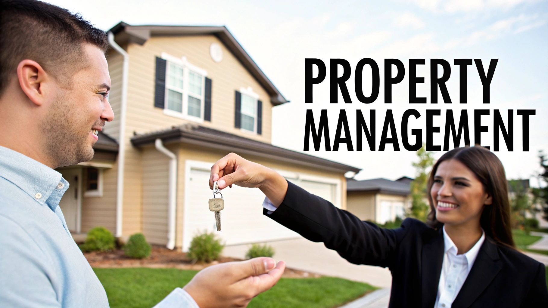 A property manager hands house keys to a smiling client in front of a new home.