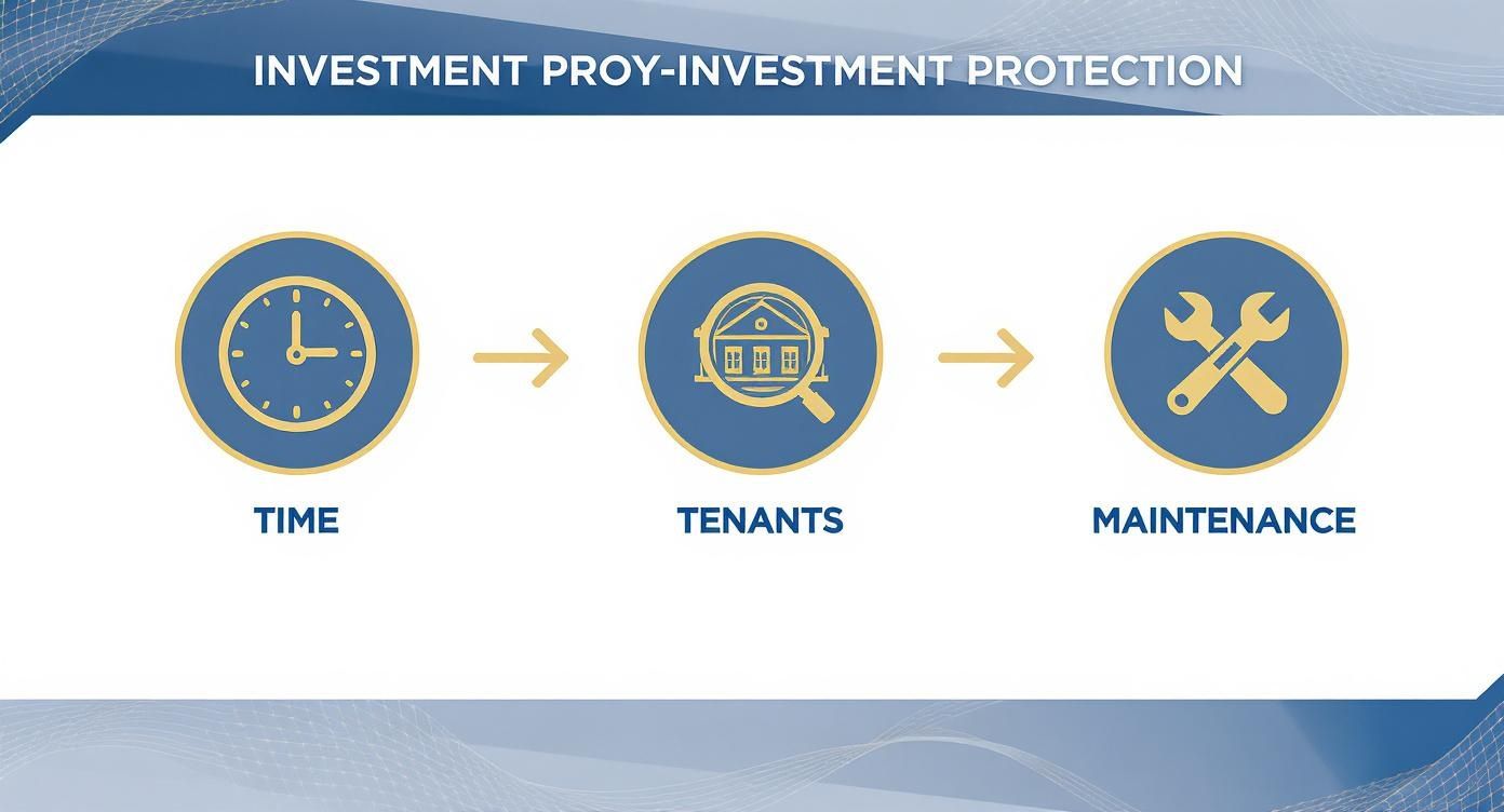 Infographic showcasing how long-term rentals protect investments through saved time, better tenant screening, and reduced maintenance in Beaumont, CA property management.