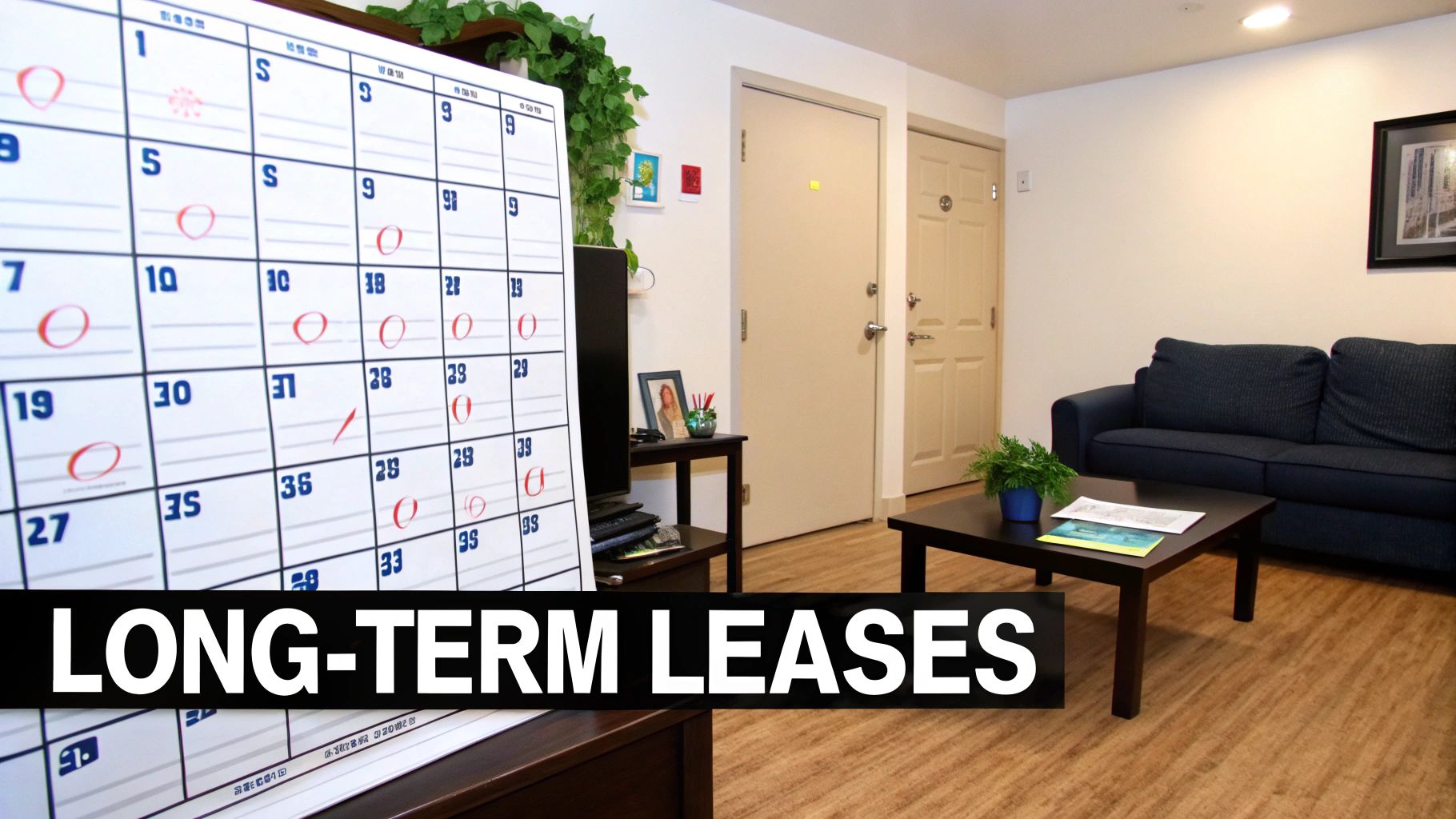 A furnished apartment living room with a blue couch, coffee table, and a large calendar indicating 'LONG-TERM LEASES'.