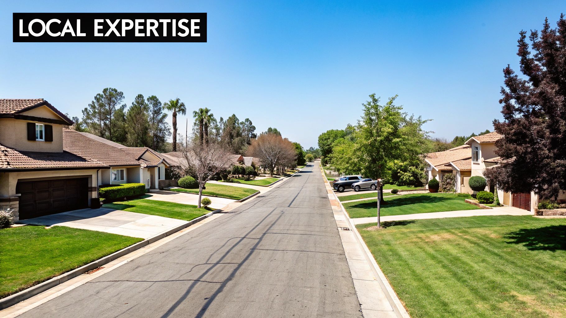 View of a peaceful residential street lined with homes, green lawns, and mature trees under a blue sky.