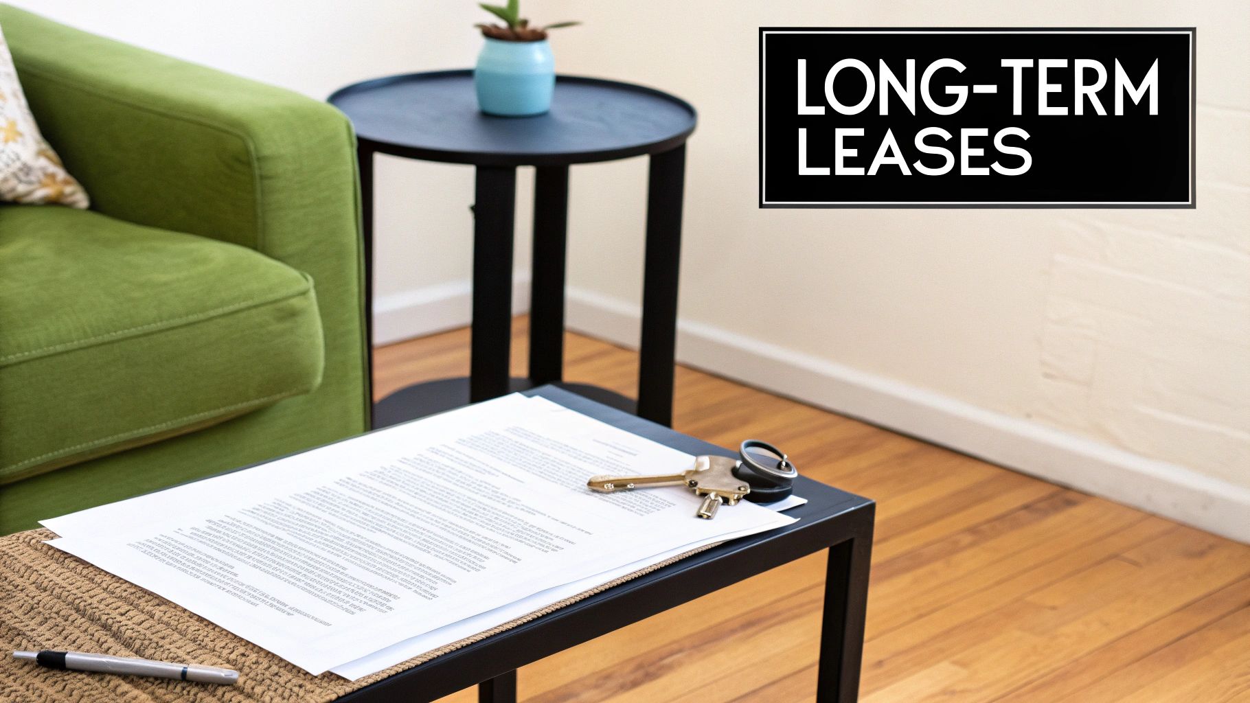 Documents, keys, and a pen on a table, with a green sofa and a 'LONG-TERM LEASES' sign.