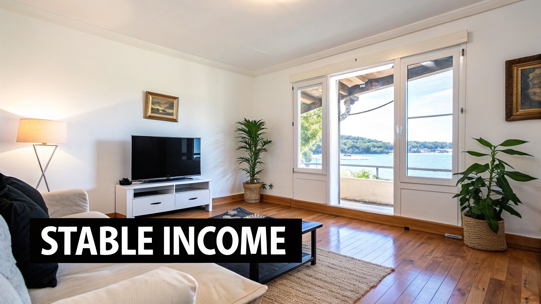 A bright living room with a large window overlooking a lake, featuring a couch, TV, and plants.