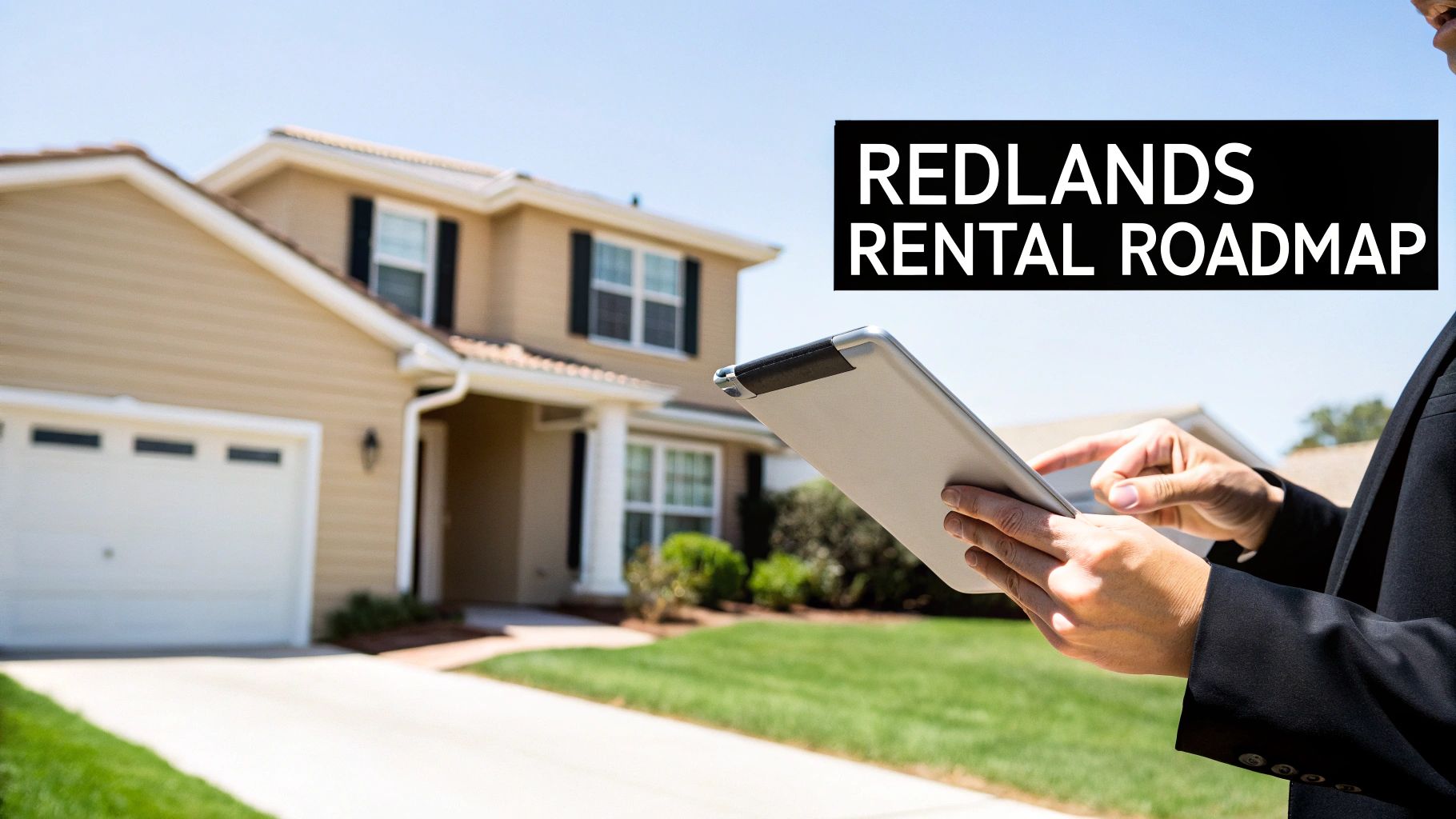 A person in a suit uses a tablet in front of a house, with 'Redlands Rental Roadmap' text.