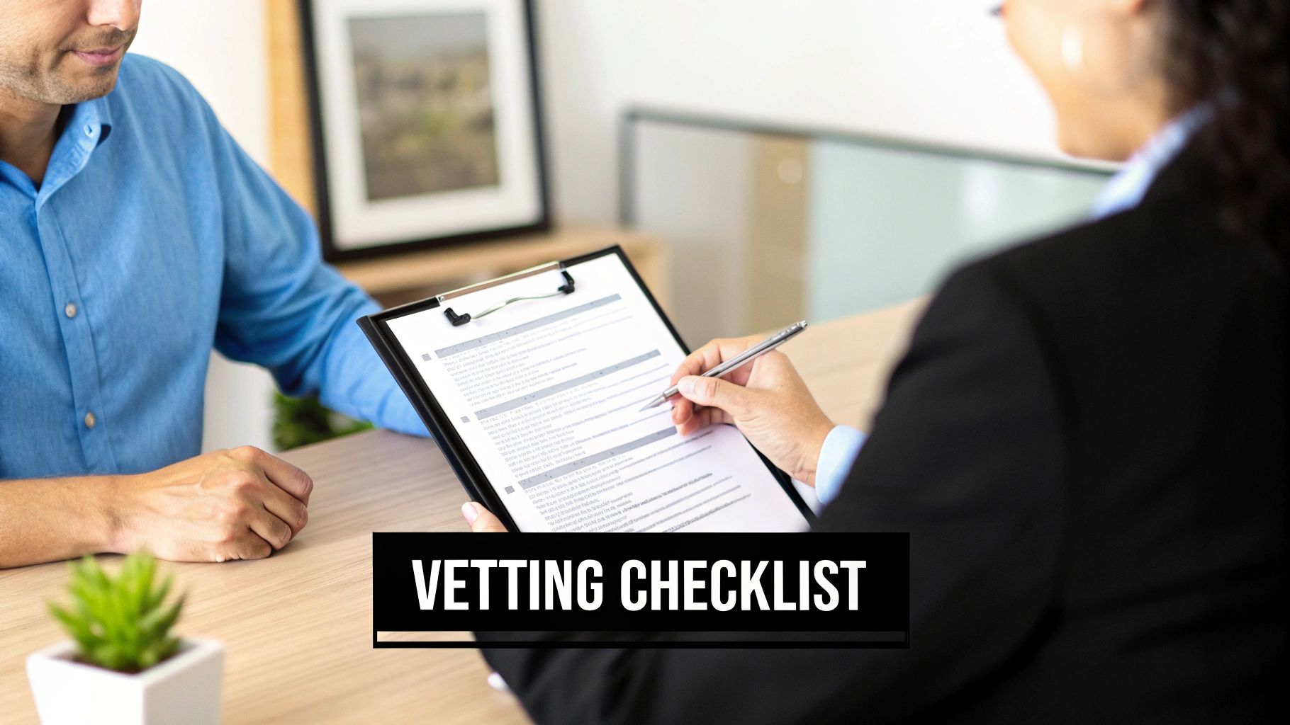 A person at a desk reviewing documents and talking on the phone, representing the vetting process.