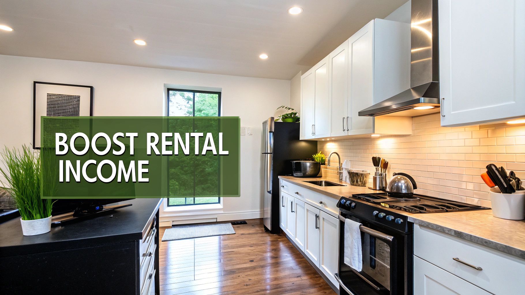 A bright, modern rental kitchen with white cabinets, stainless steel appliances, and wood floors.
