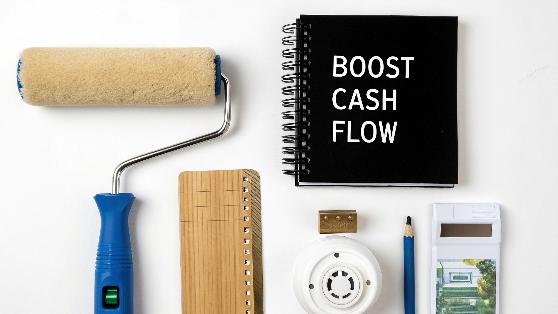 A person using a calculator with stacks of coins and a small house model, symbolizing financial planning for a rental property.