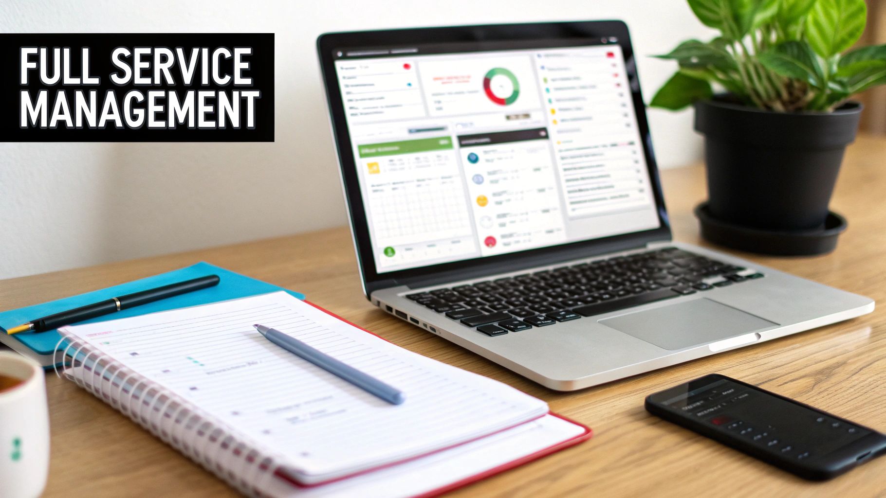 A desk with a laptop displaying 'Full Service Management' software, notebooks, and a smartphone.