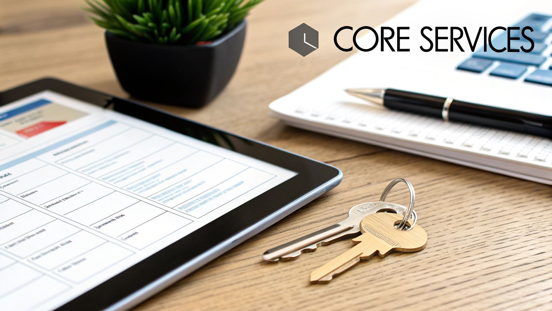 A desk with a tablet, plant, laptop, pen, and keys, featuring 'CORE SERVICES' logo.