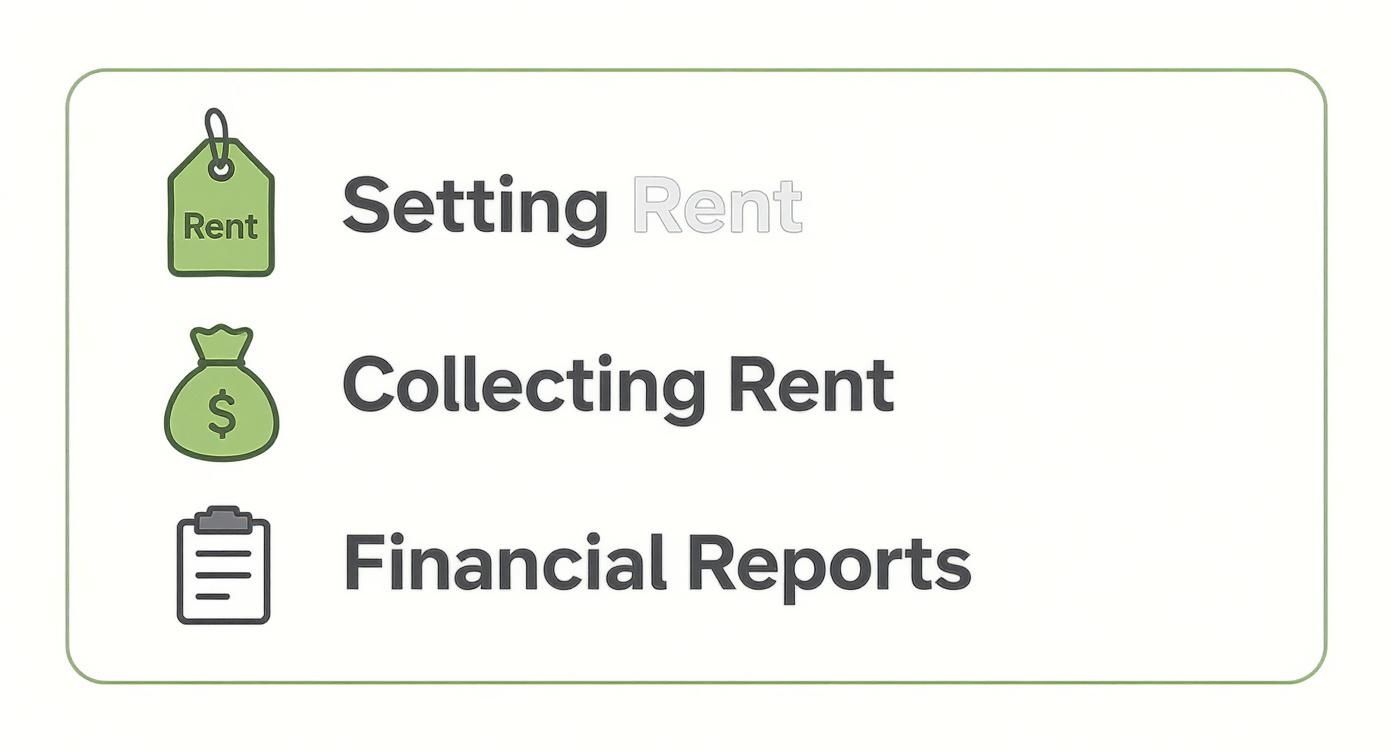 Infographic showing icons for setting rent, collecting rent, and providing financial reports, symbolizing key property management responsibilities.