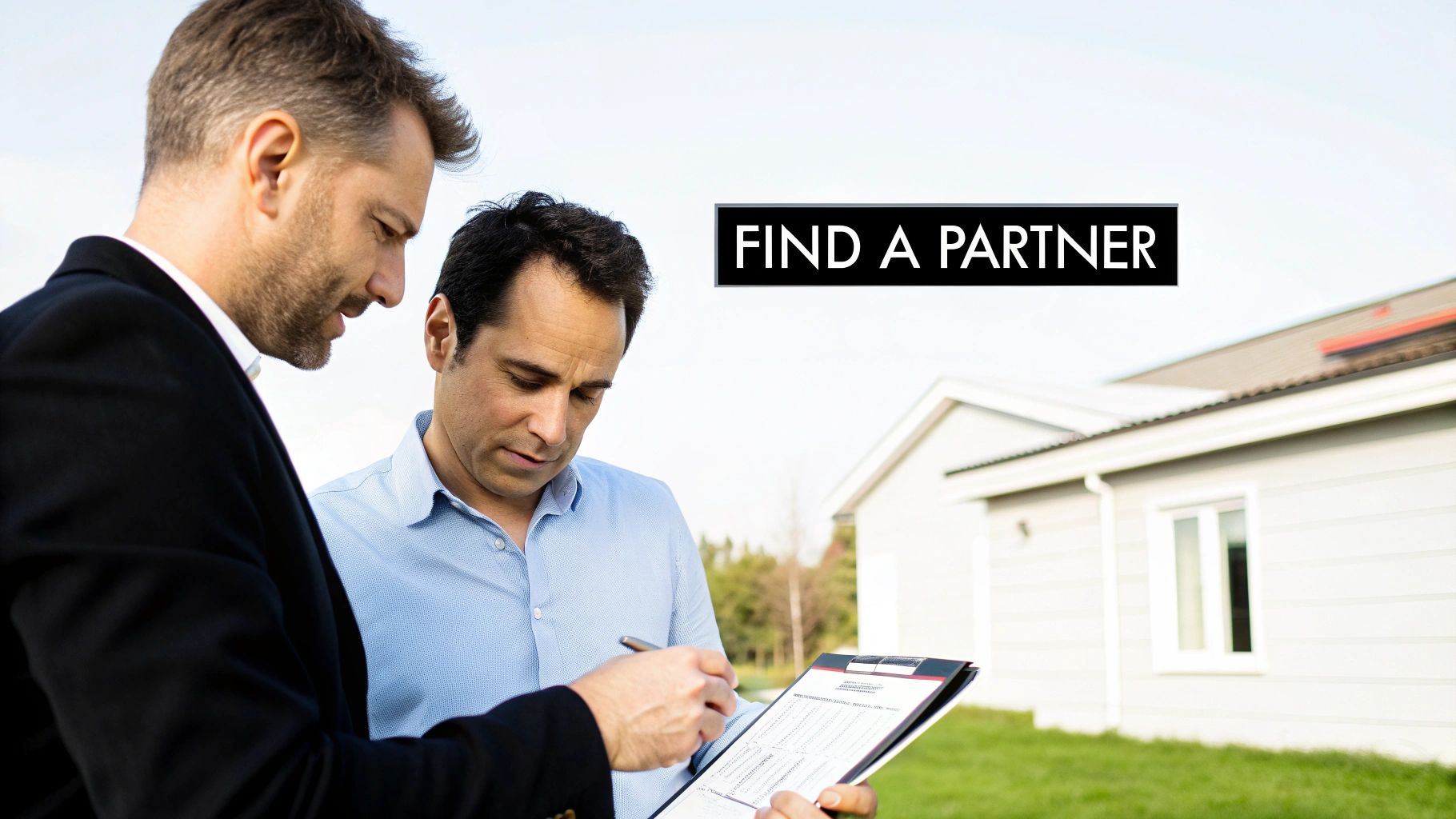Two men, possibly real estate partners, review documents on a clipboard outside a house.