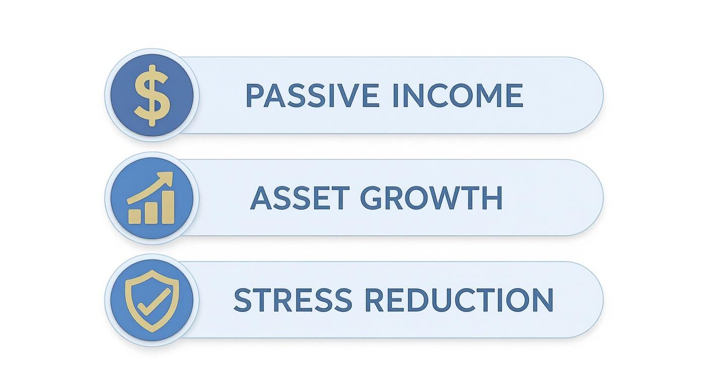 Three key financial benefits illustrated with icons for passive income, asset growth, and stress reduction.