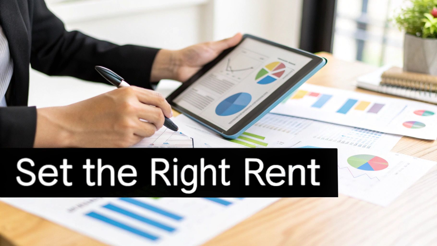 A person analyzes financial charts on a tablet and paper documents, with the text 'Set the Right Rent'.