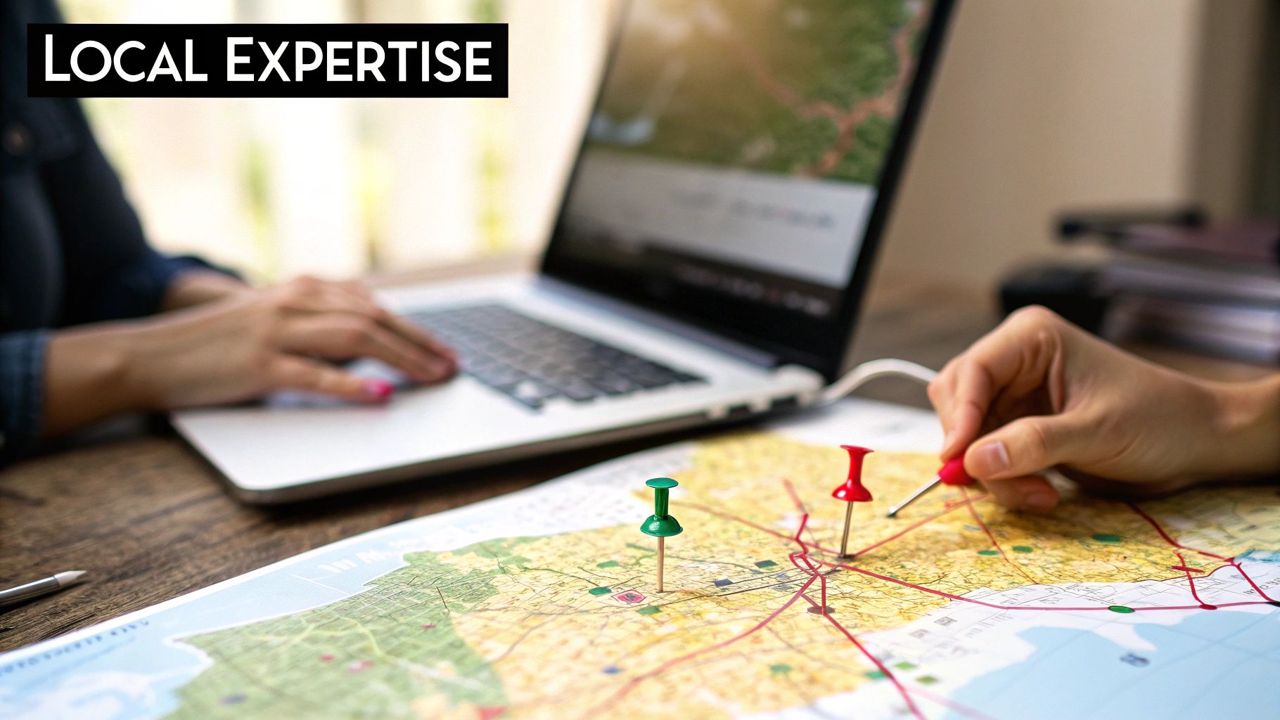 Hands working on a map with pushpins and a laptop, emphasizing local expertise and planning.