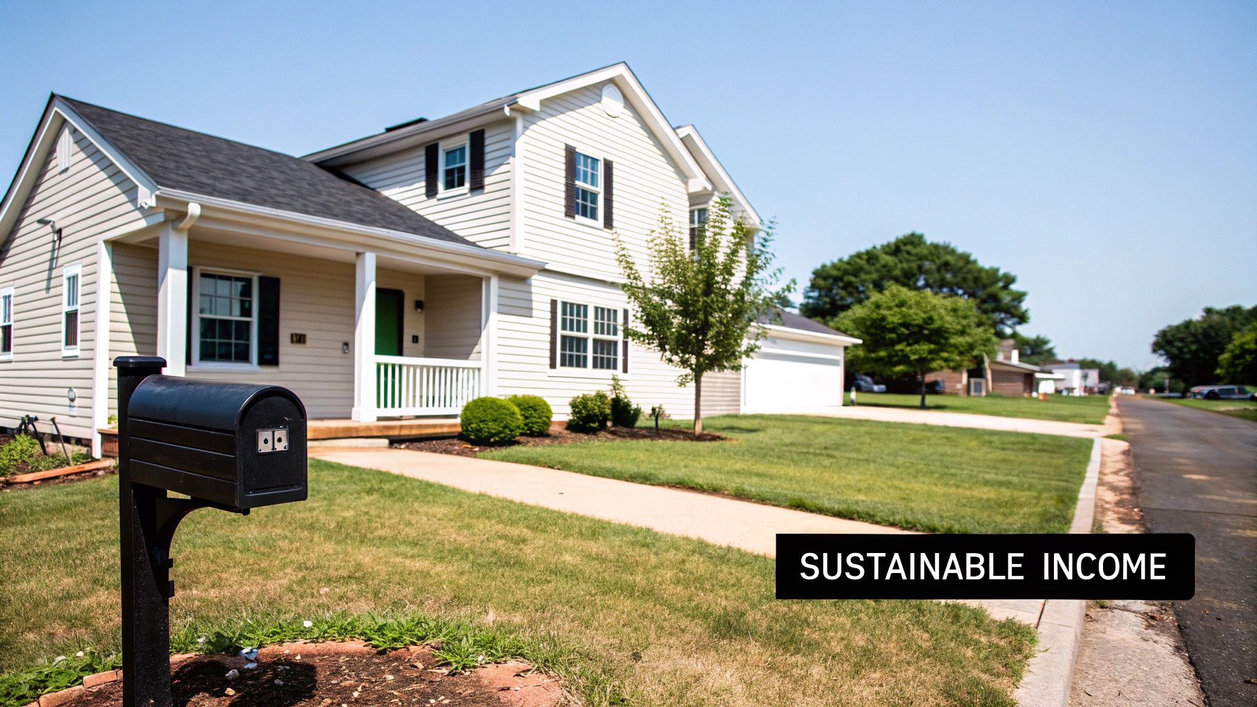 A happy family standing in front of their long-term rental home, symbolizing stability and wealth building.