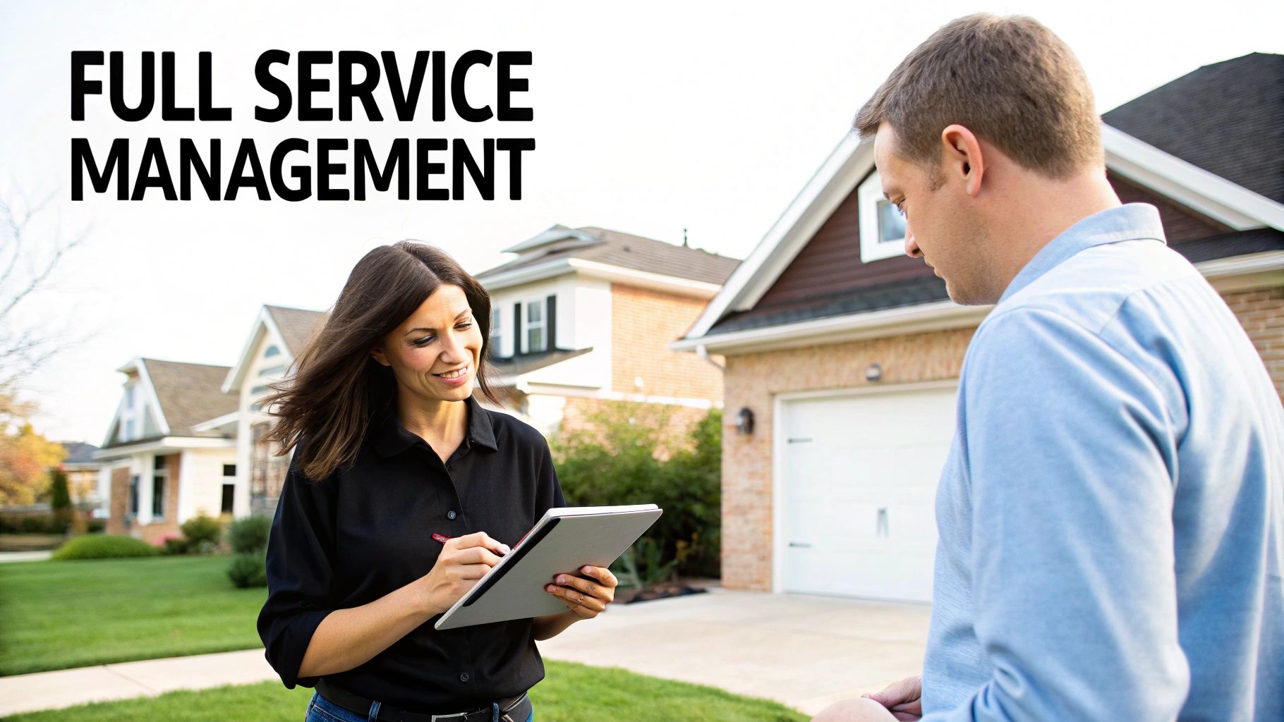 A smiling woman in black with a tablet discusses services with a man outside suburban homes.