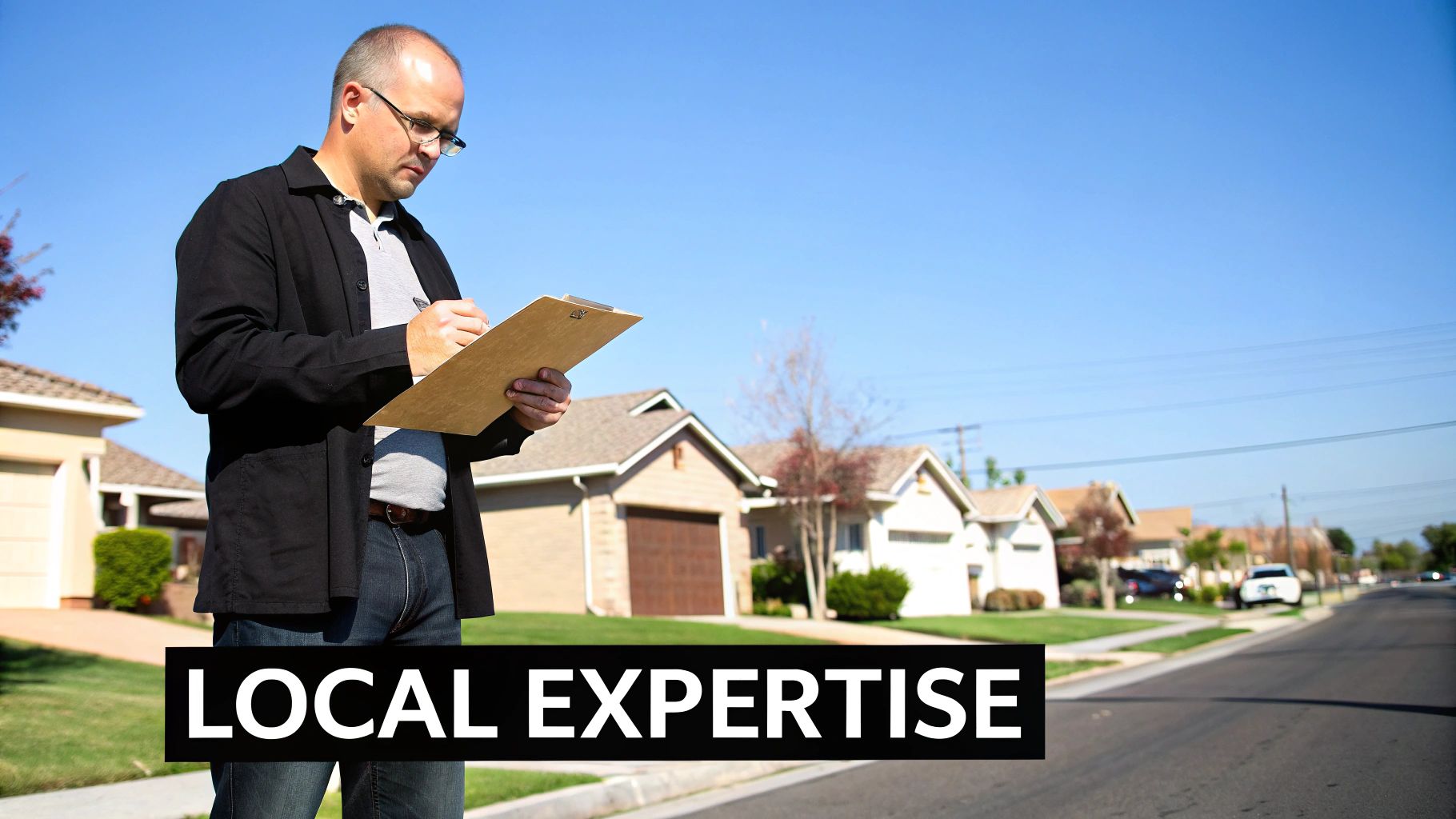 A man inspects suburban houses with a clipboard, emphasizing local expertise in property management.