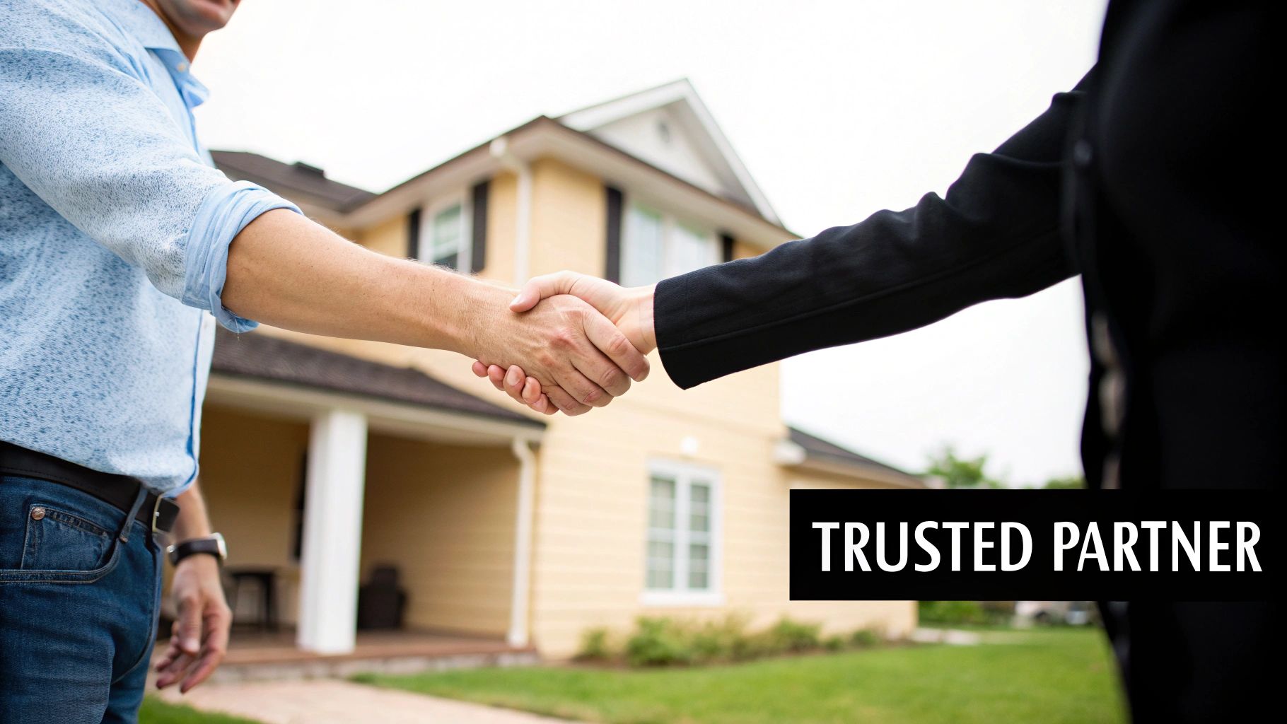 A friendly property manager handing keys to new tenants in front of a suburban home.