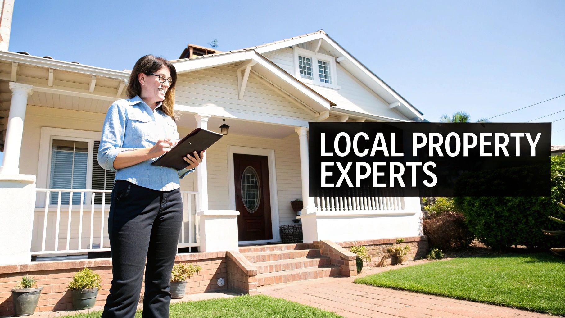 A smiling woman, a local property expert, stands in front of a charming house, holding a clipboard.