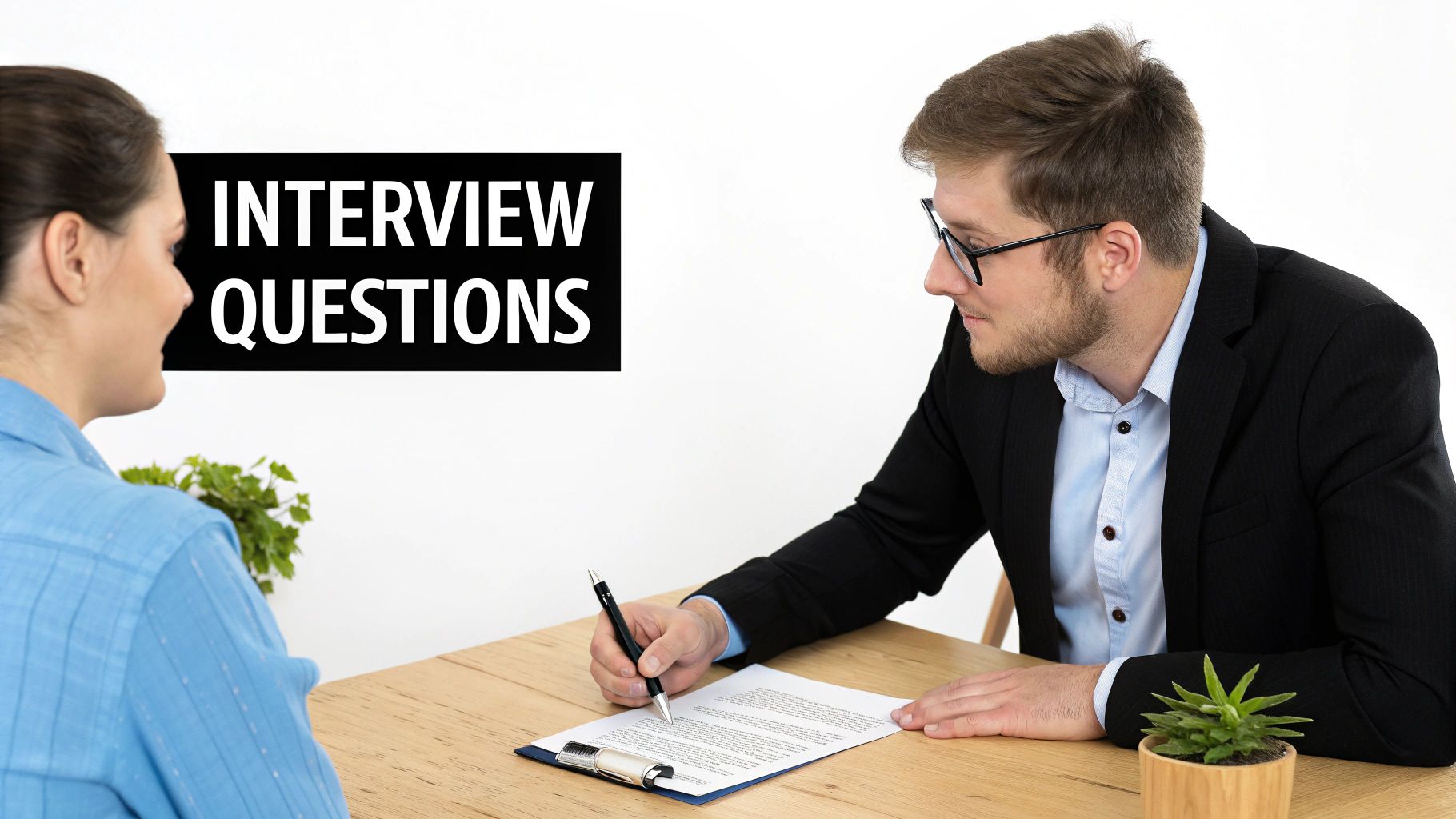 A man in glasses interviewing a woman, writing on a document, with "Interview Questions" displayed.