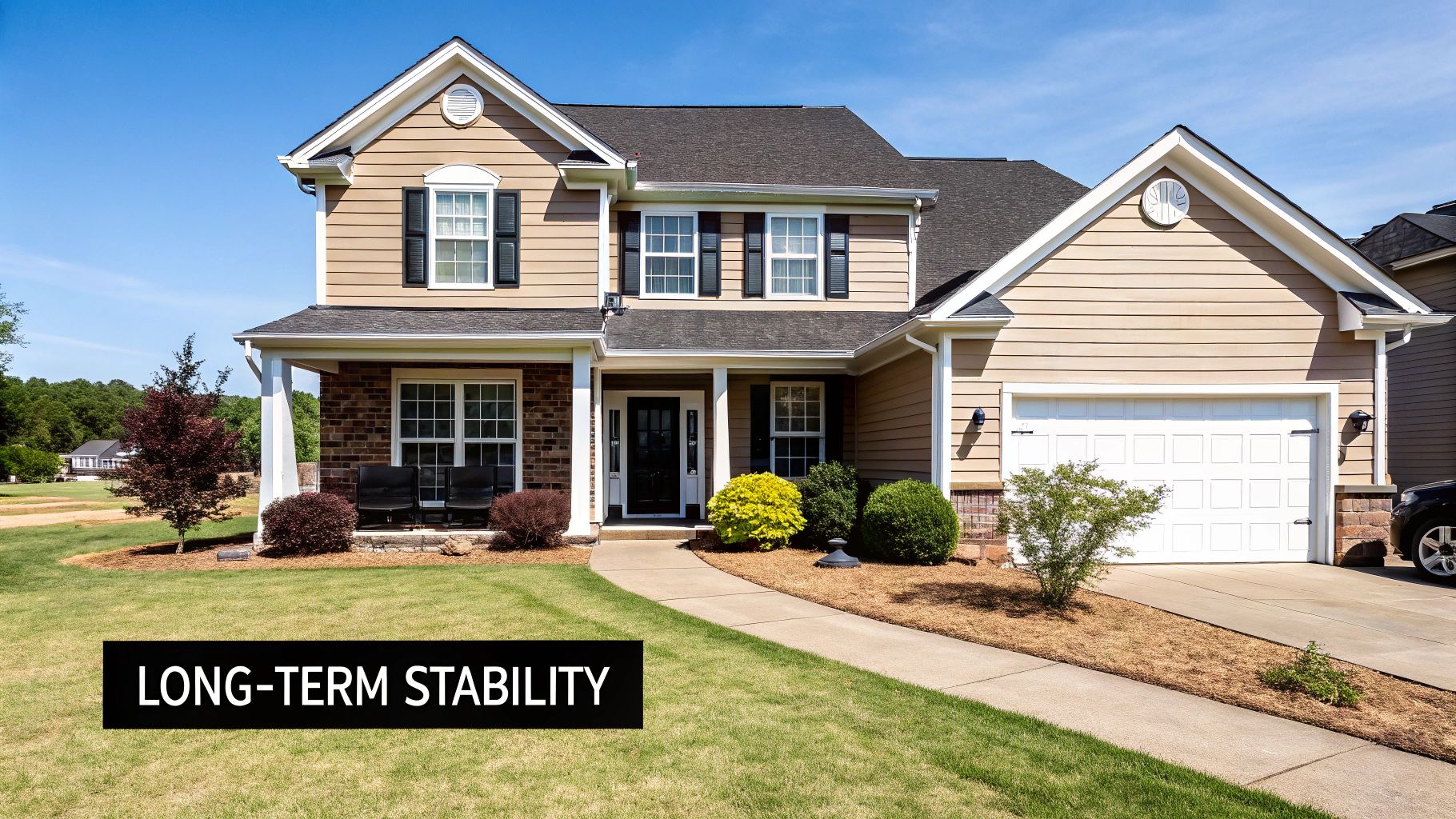 A serene suburban home with a manicured lawn under a clear blue sky.