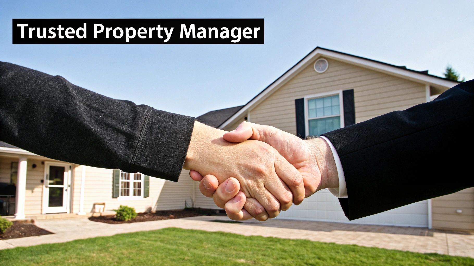Two people shaking hands in front of a house under a blue sky, with the text 'Trusted Property Manager'.