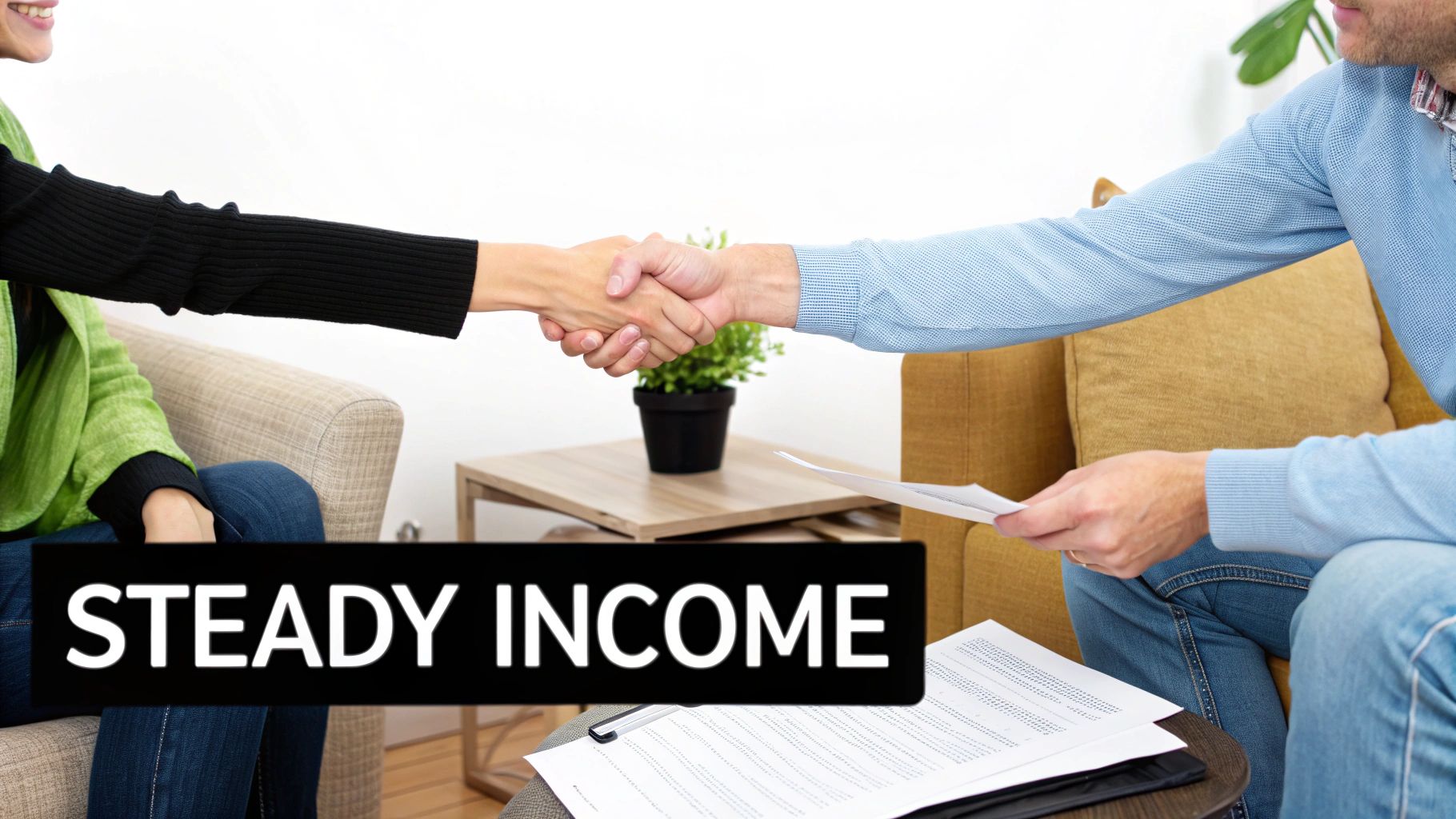 Two professionals shaking hands over documents finalizing property management agreement for steady rental income