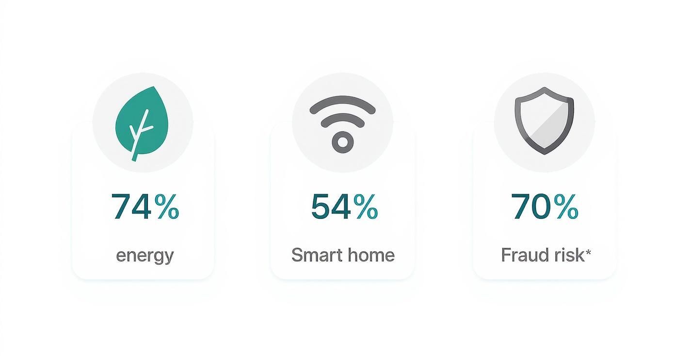Infographic showing that 74% of renters prioritize energy efficiency, 54% want smart home features, and 70% are concerned about fraud risk.