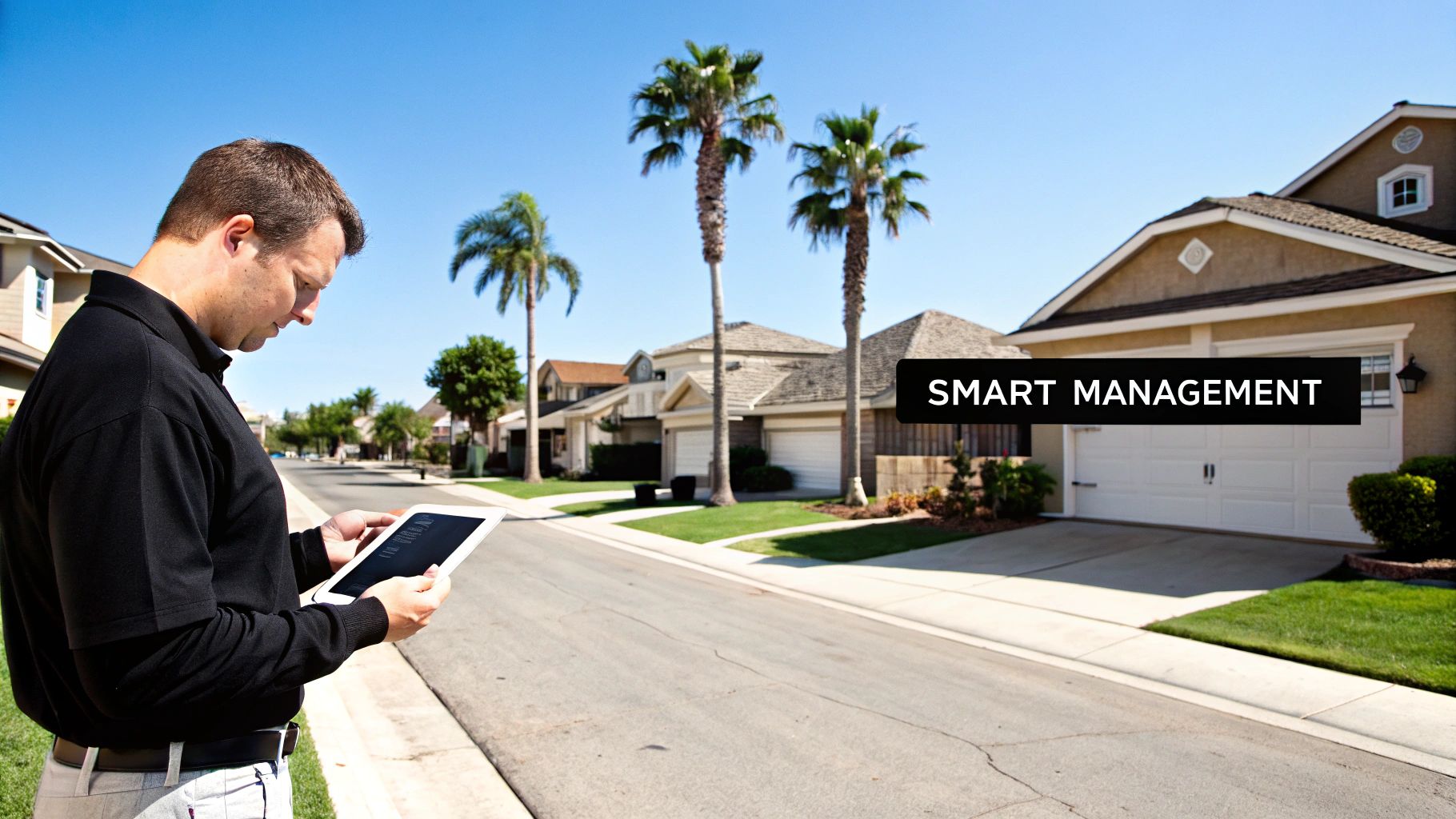 Property manager using tablet for smart management of residential homes in sunny California neighborhood