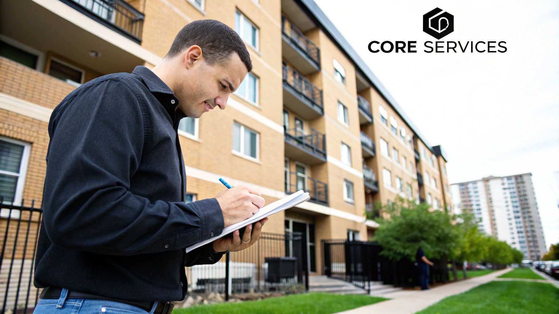 Three pillars labeled Tenant Screening, Rent Collection, and Maintenance, representing the core services of property management.