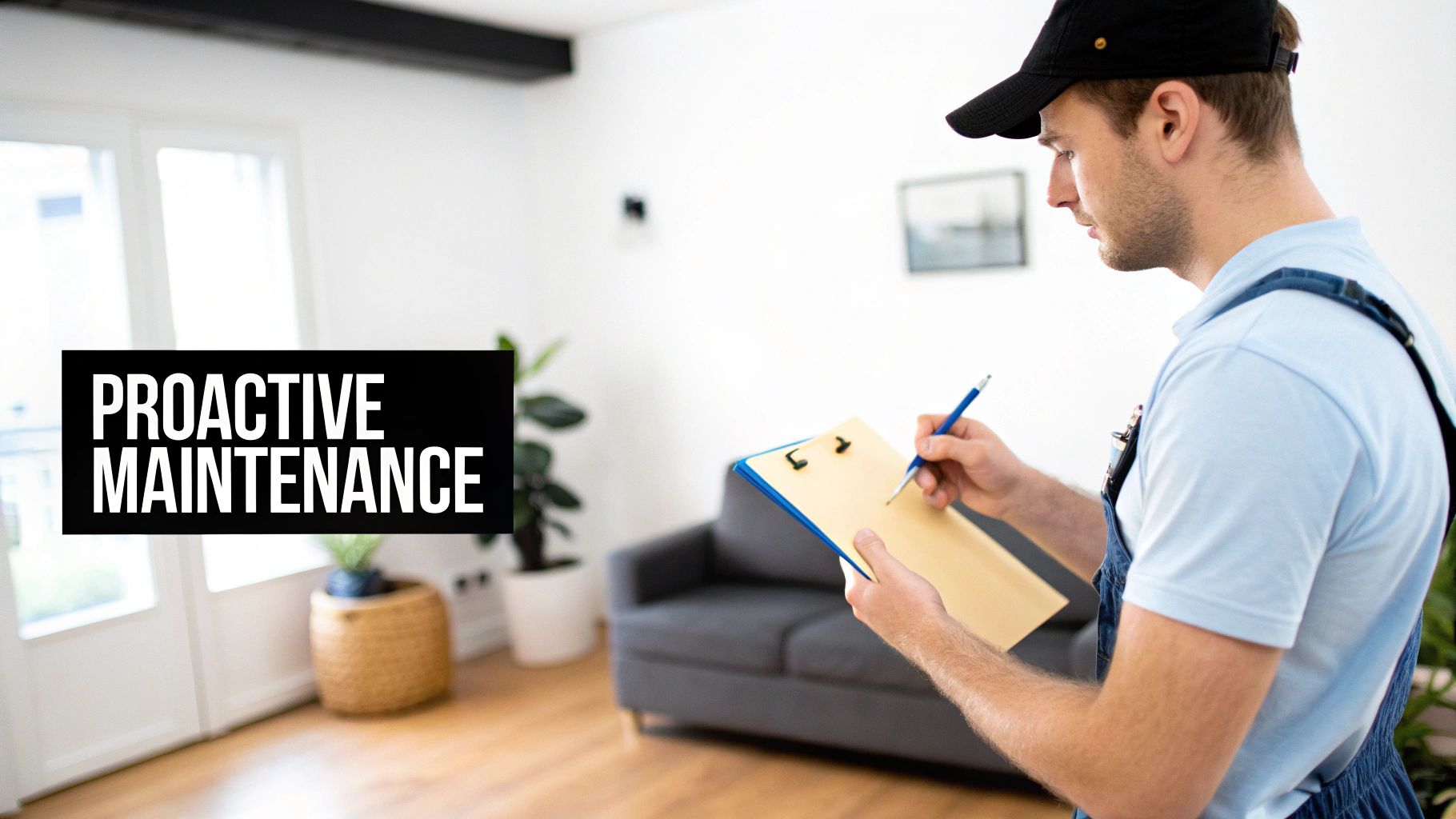 A maintenance professional in uniform using a tablet to inspect a property's HVAC system.