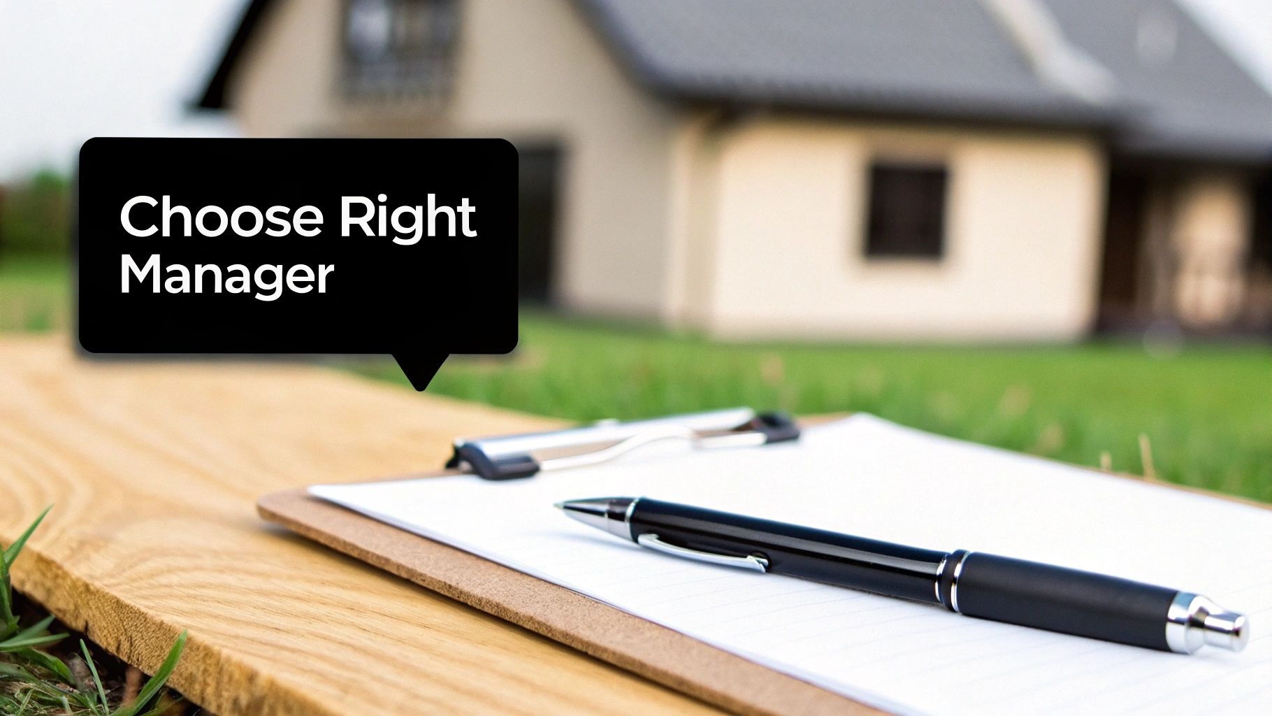 A speech bubble reads 'Choose Right Manager' above a clipboard, pen, and blurred house in a green setting.