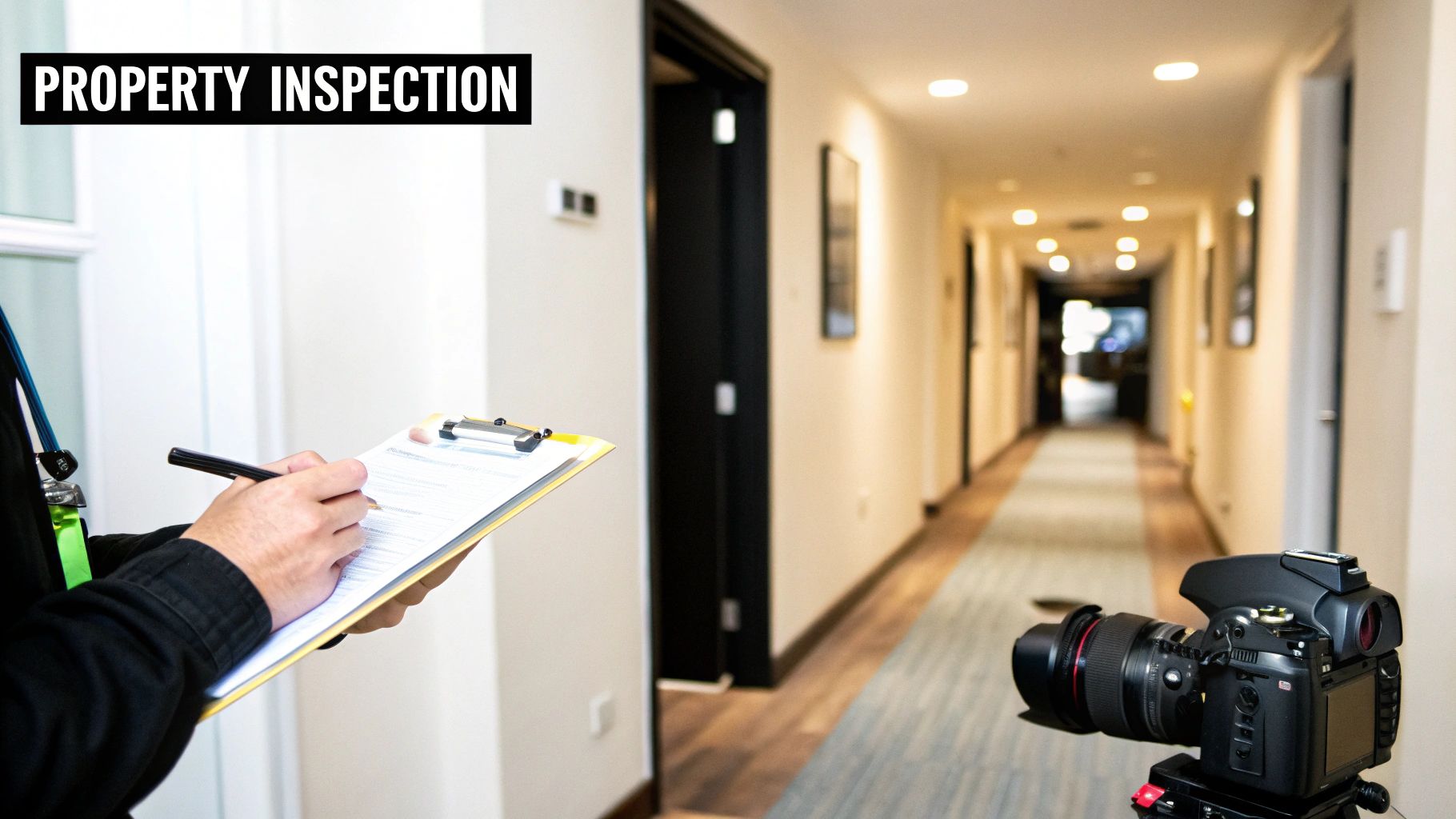 A property manager conducting a rental property inspection with a clipboard.