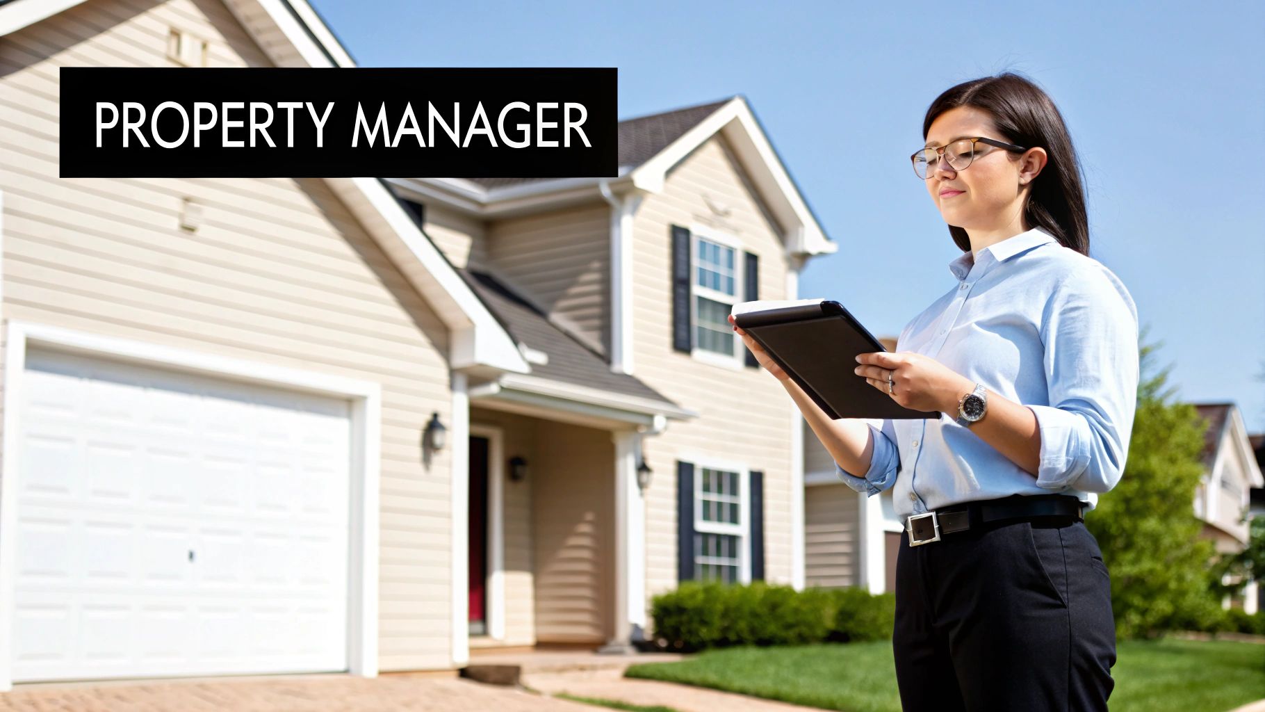 A well-maintained suburban house with a green lawn and trees, representing a rental property.