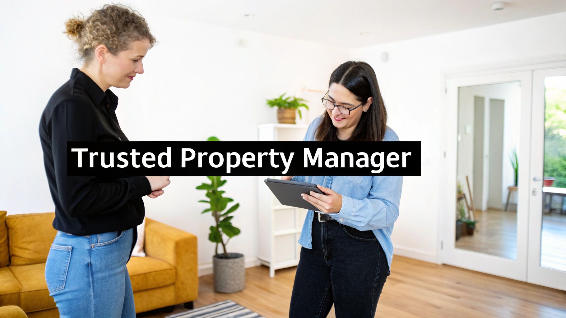 Two women, a property manager and client, review information on a tablet in a stylish home.