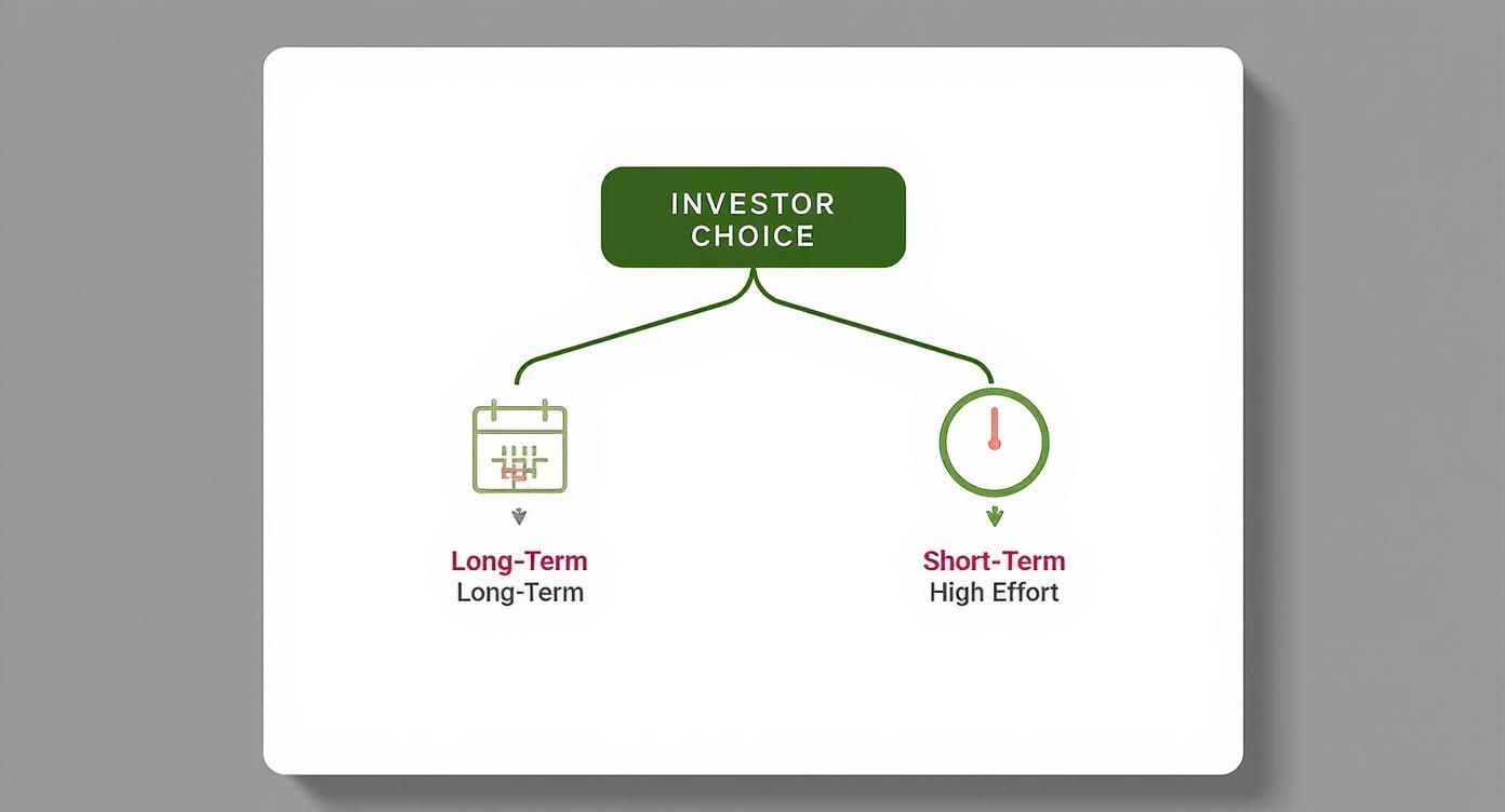 Investor choice flowchart showing long-term strategy with calendar icon and short-term high effort approach with clock
