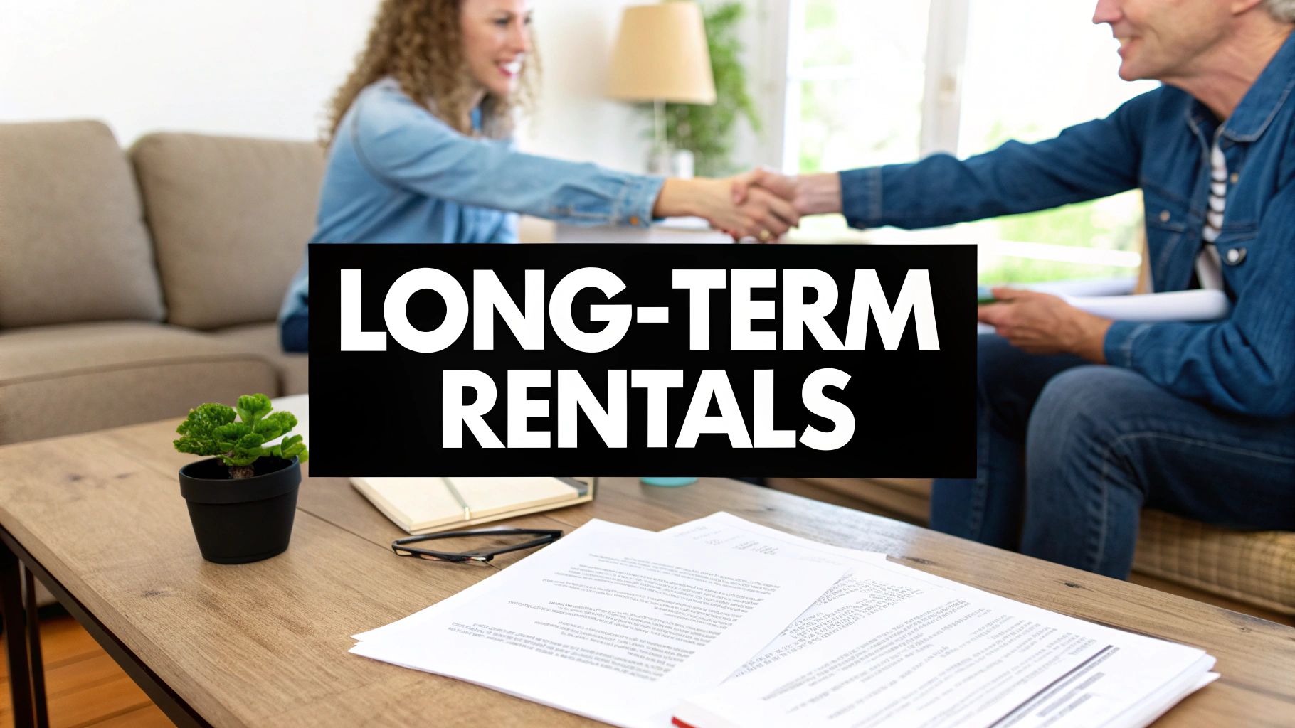 Landlord and tenant shaking hands over long-term rental lease agreement on table